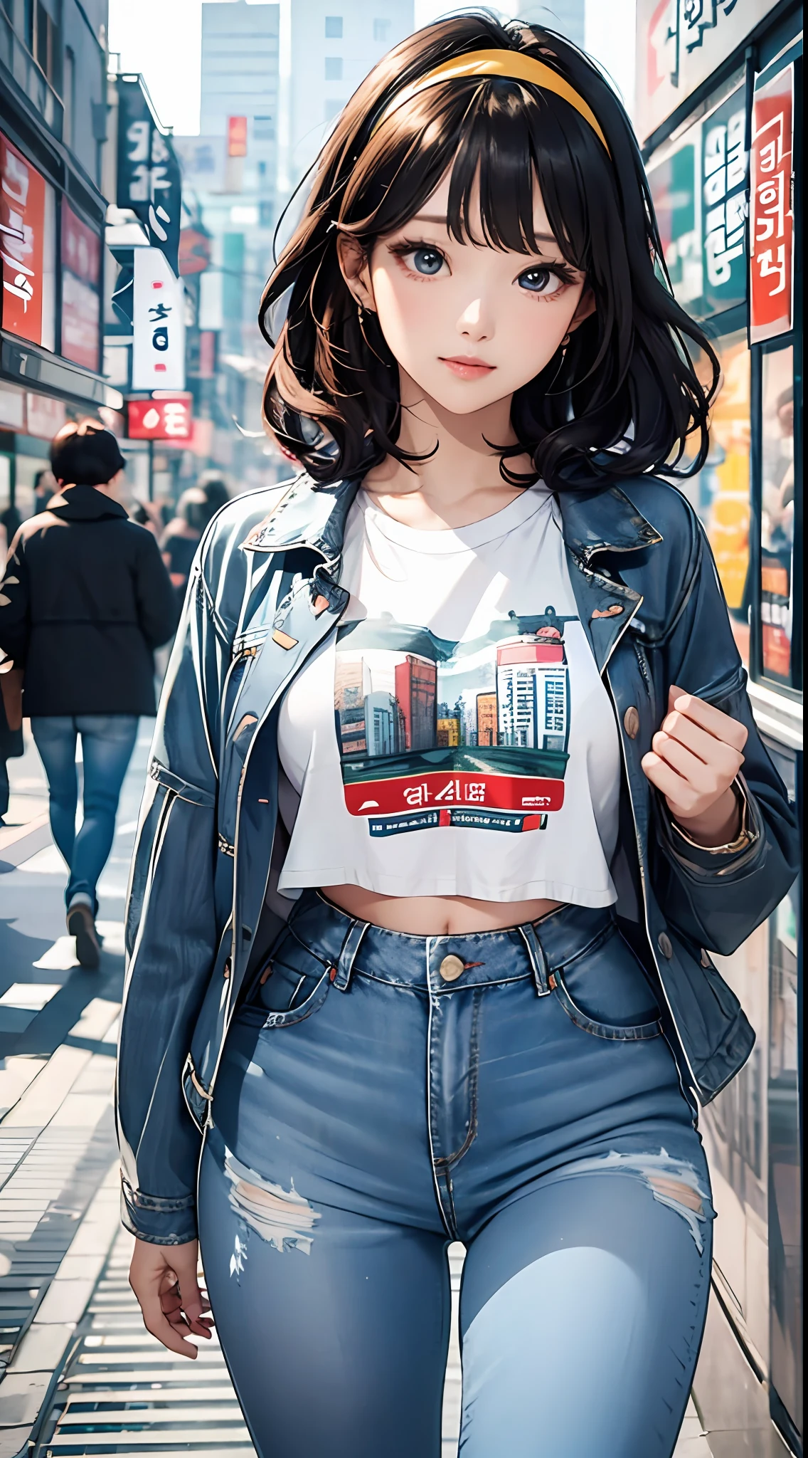 (masterpiece, best quality), beautiful woman, cute printed cropped shirt, jacket, jeans, short wavy hair, headband, asymmetrical bangs, perfect face, beautiful face, alluring, big gorgeous eyes, soft smile, perfect slim fit body, city streets, seoul, bright colors