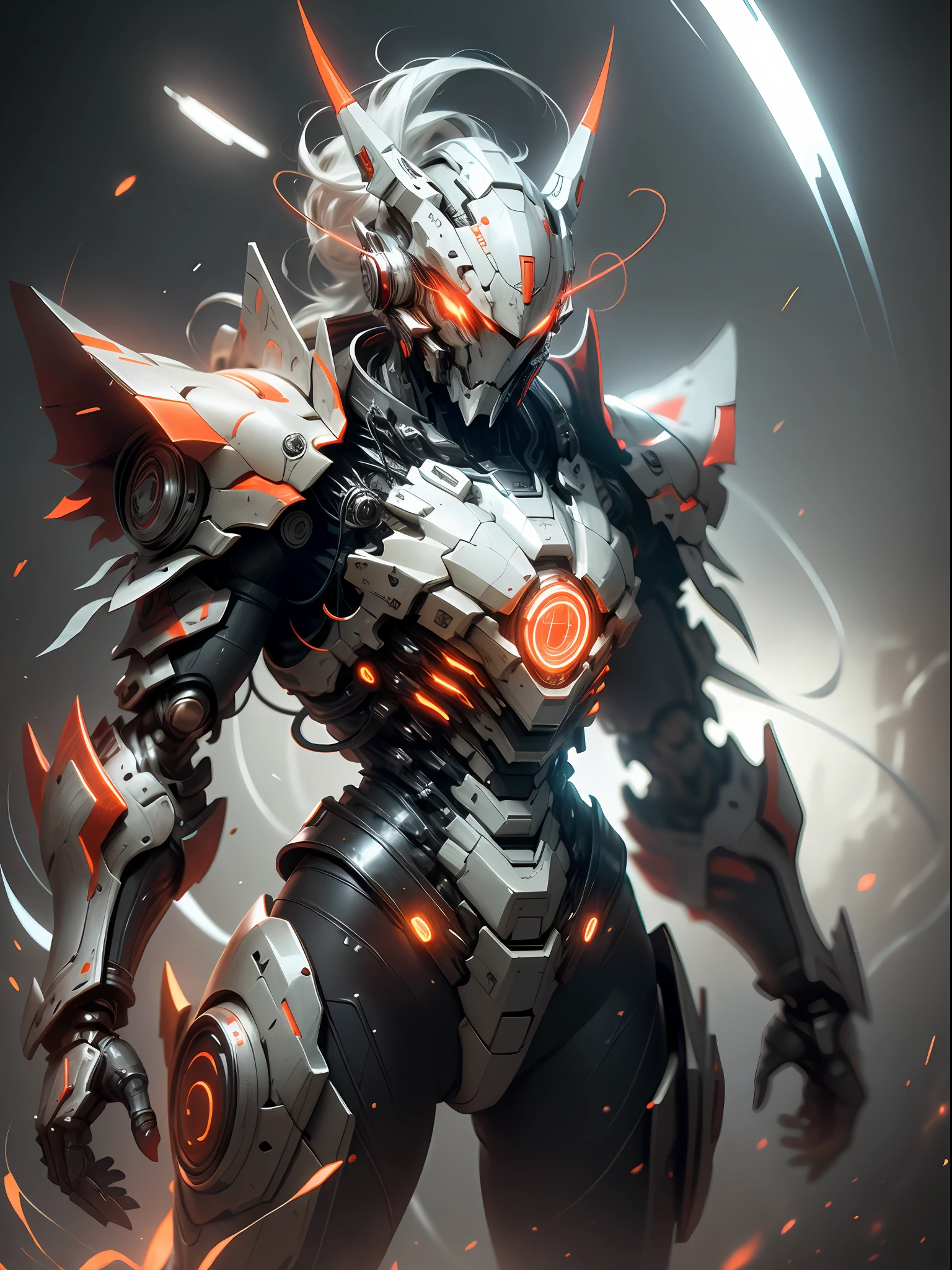 Ghost hunter in red armor, super cool ghost killer, wearing red mechanical armor, red claws, perfect body proportions, play lightning, super detail, realistic, shiny, reflective, bioluminescence, galactic cybernetic mask, mecha, (executioner: 1.2), cape, SH4G0D, GlowingRunes_red, full body, movie, dark background, backlight, high contrast,