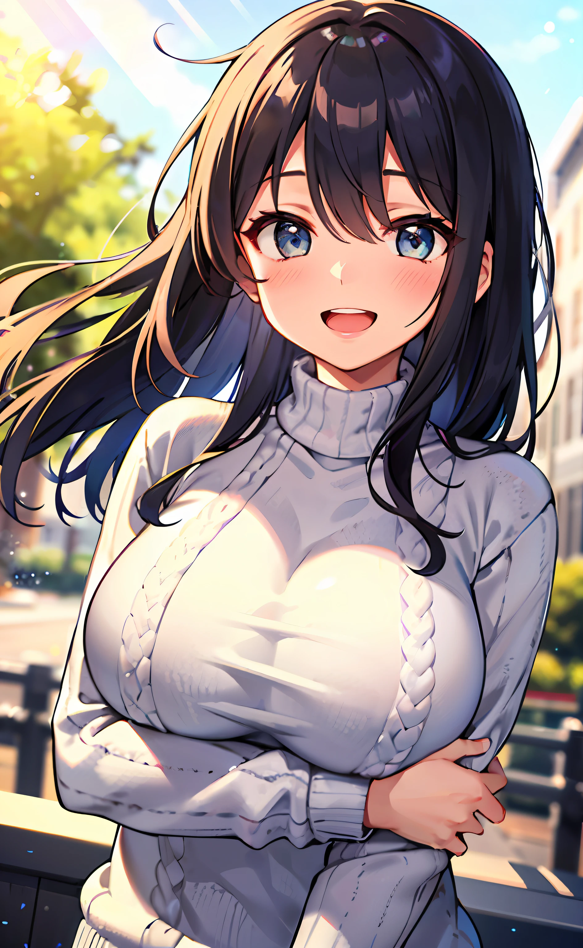 a girl, cosy sweater on, upper body, (huge Laughing:1.1), (open mouth:1.1), (wide open eyes:1.2), sun glare, bokeh, depth of field, blurry background, light particles, strong wind, (heart particles:1.1)