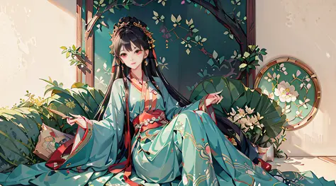 Best image quality, extreme detail, high resolution. A girl with red eyes: , red Hanfu, a peacock next to her, antique style, bedroom