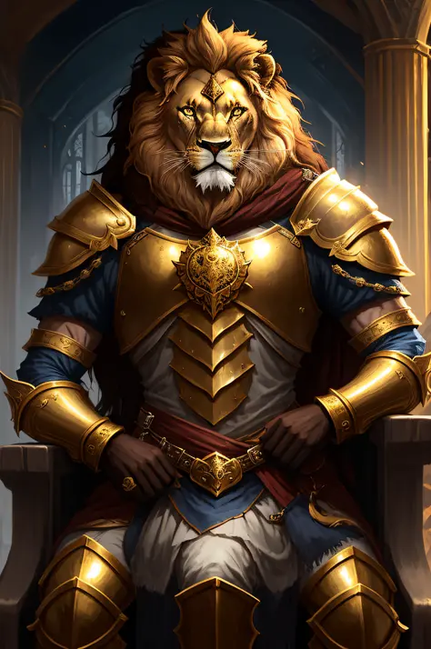 LION META HUMAN, SEET IN THRONE, GOLD ARMOR, WARRIOR, CASTLE