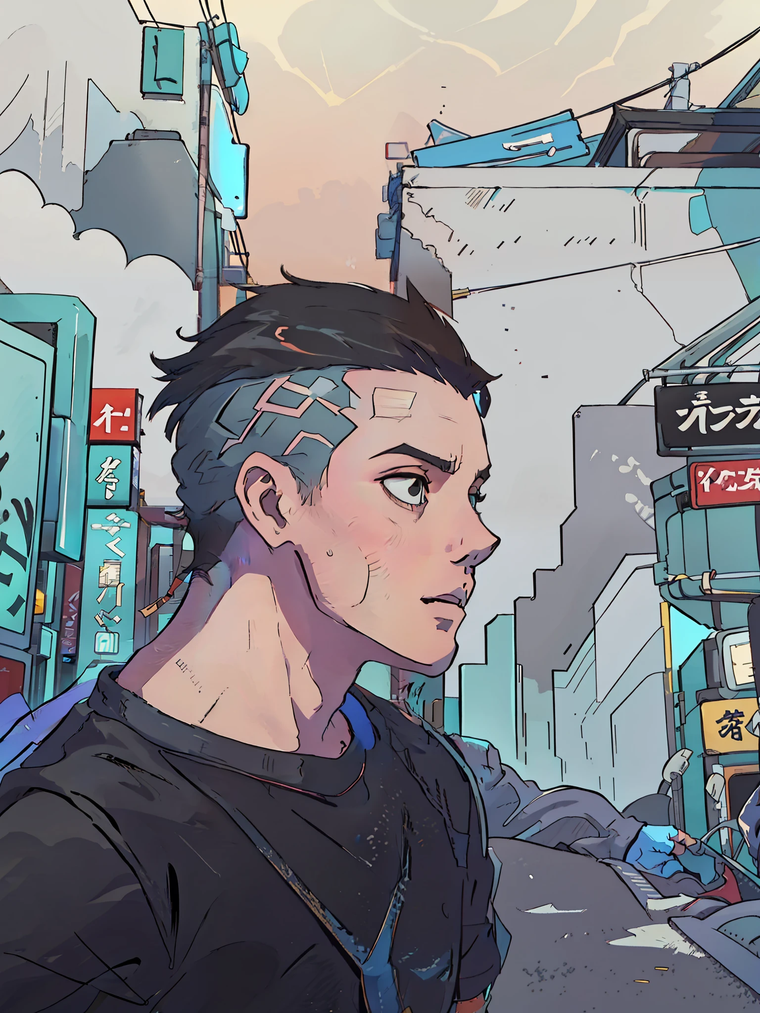 Ein 20-jähriger Junge mit brasilianischem Gesicht und rundem Kinn ohne Bart, kurzes Haar mit Farbverlauf, Kurzhaarschnitt, schwarze Augen, Keine Pickel im Gesicht und ein schwarzes T-Shirt mit japanischem Aufdruck „Tokyo Drift“.. Es spielt sich in einer Nacht in den Gassen Tokios in einem Cyberpunk-Stil ab, 4k, 2D-Anime