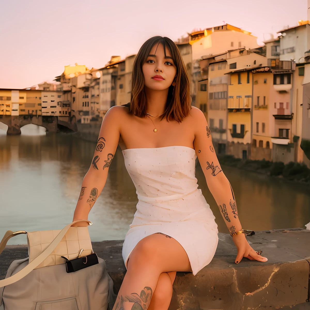 Arafed Frau sitzt auf einer Mauer mit einer Tasche und einer Handtasche, mit Tätowierungen, In den Sonnenuntergang, Sommerabend, bei Sonnenuntergang, Florenz, Großartige Frau, auf einer Brücke, hinreißende Frau, INFP junge Frau, während der goldenen Stunde, am Abend, während eines Sonnenuntergangs, tube-top dress, In der Stadt, Mädchen sitzt auf einem Dach --Auto