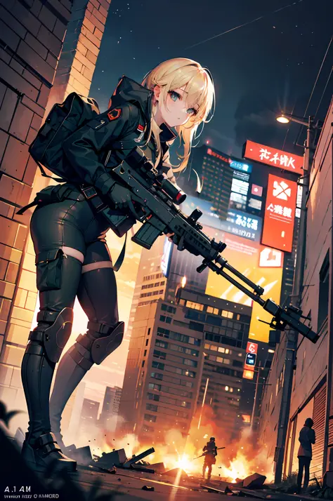 Shinjuku on fire, night, large rifle
