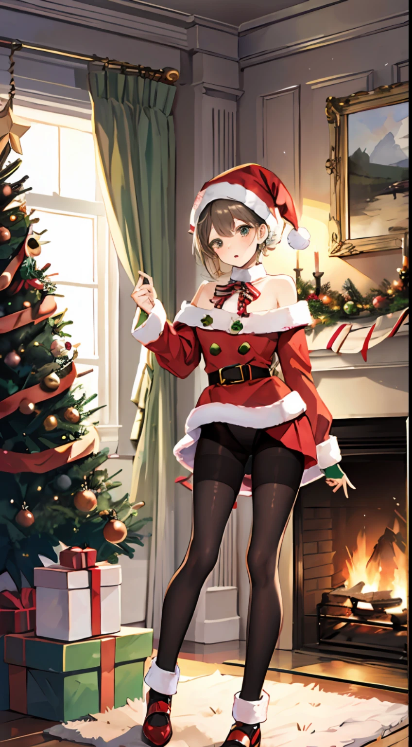 Anime girl in santa outfit standing in front of a christmas tree - SeaArt AI