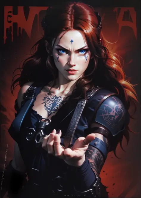 Boadicea, Red-haired Viking Undead warrior with gothic armor and rune tattoos on her face and blooming blue eyes, 4k