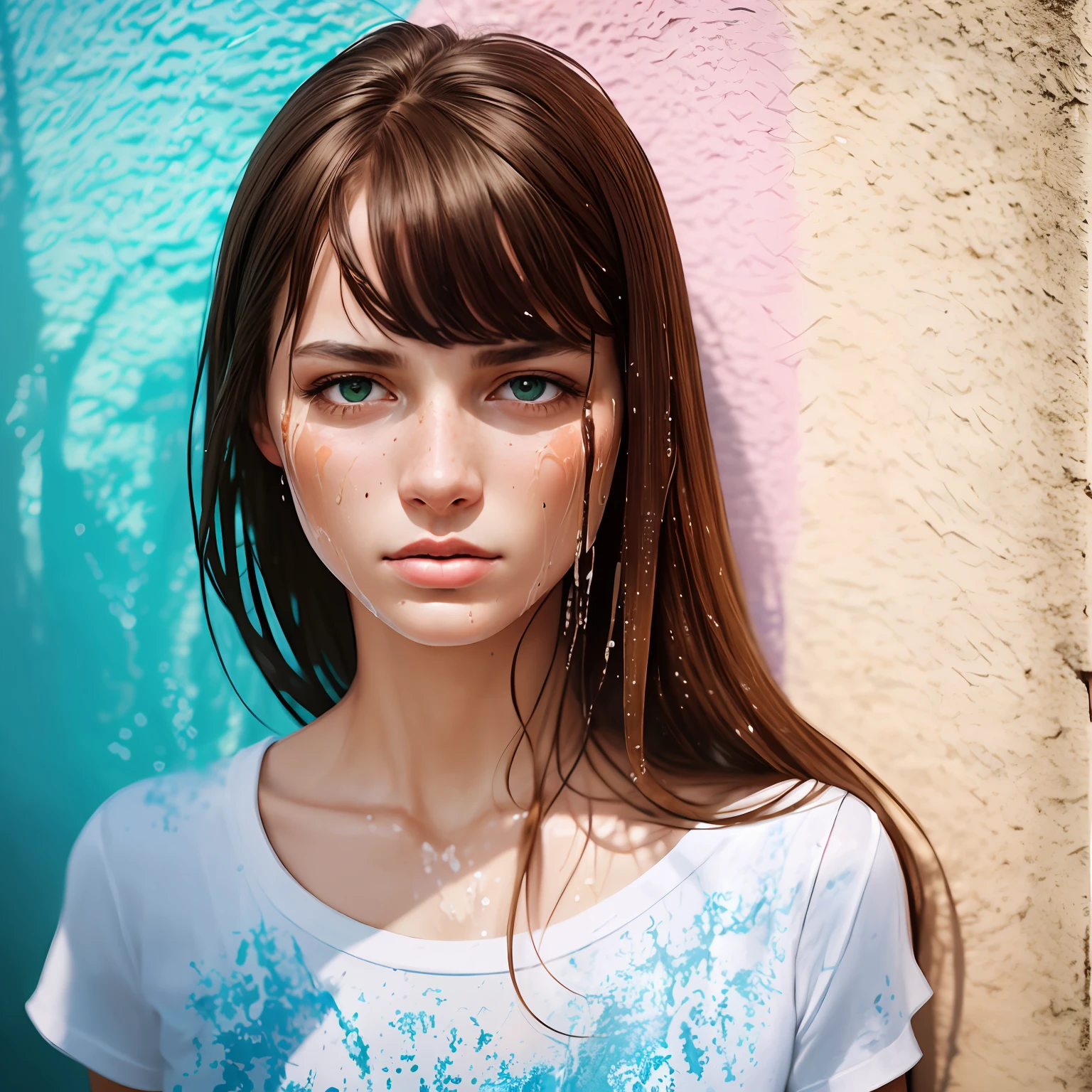 natural white woman, 50mm, kodak portra 400, photograph by Martin Schoeller, Natural Light, water on skin, skincare, holding product, wet face, natural skin, real skin texture, brown hair, white t shirt, standing against colourfull wall --auto