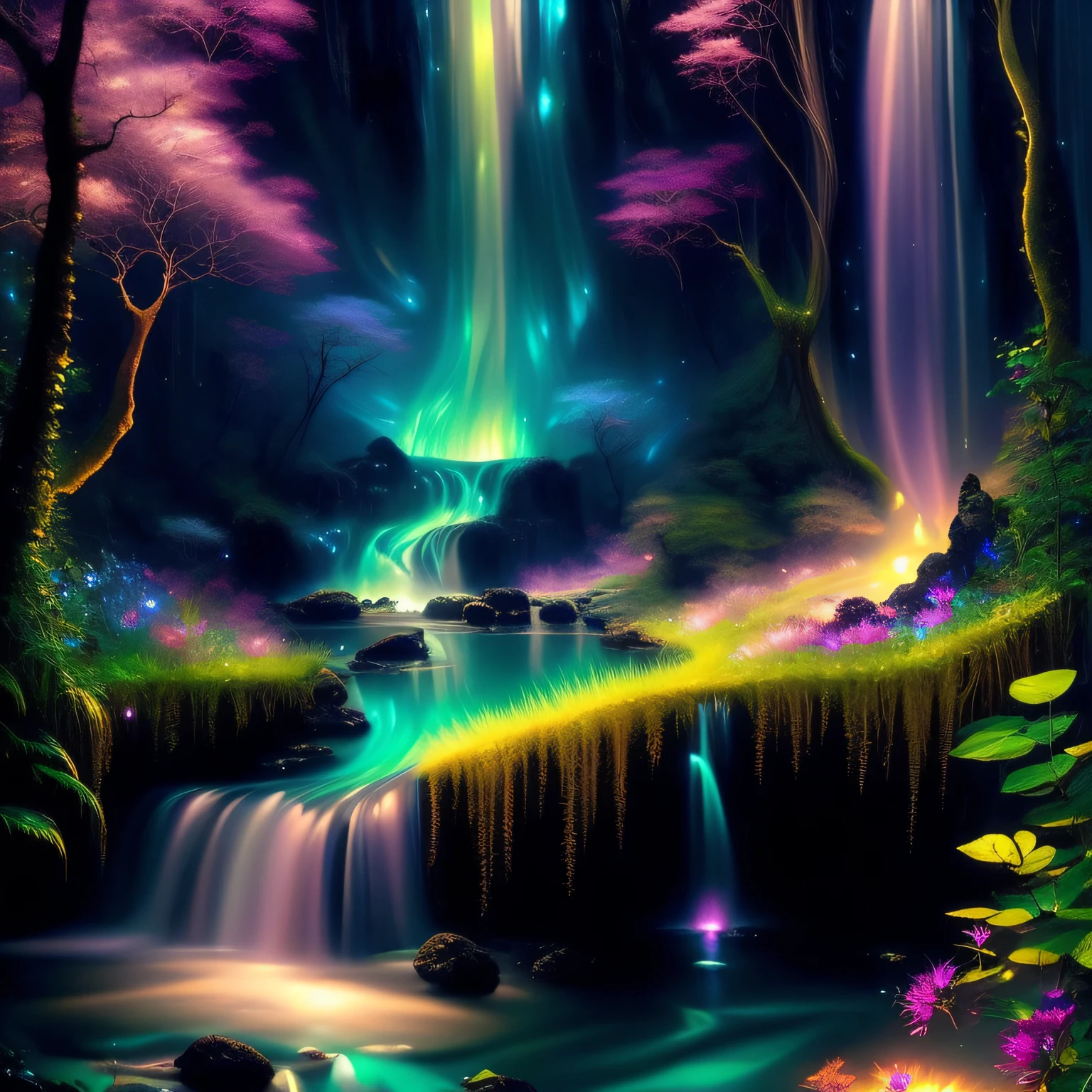 a painting of a stream in a forest with a waterfall in the background and a bright aurora bore above , chaingirldark style elegant, highly detailed, digital painting, artstation, concept art, matte, sharp focus, illustration, art by Artgerm and Greg Rutkowski and Alphonse Mucha