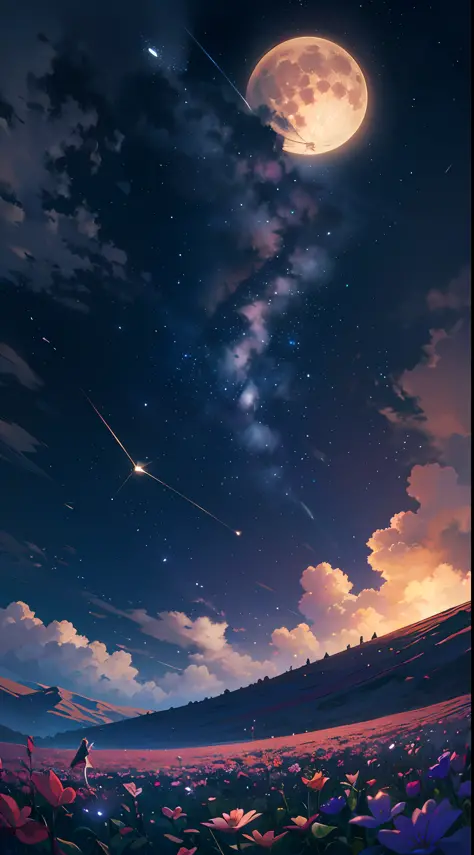 expansive landscape photograph, (Look below.), Above is the sky, Below is an open field), A girl standing on a flower field looking up, (Full Moon: 1.2), (Meteor: 0.9), (Nebula: 1.3), distant mountain, Tree BREAK making art, (Warm light source: 1.2), (Fire...