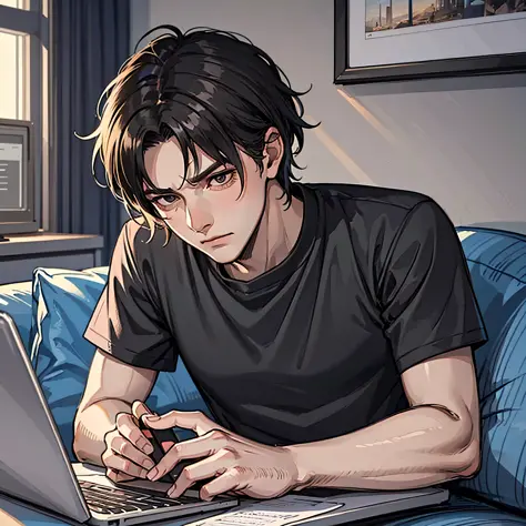 A young man in black short sleeves, with a cold expression, slumped on the sofa with a computer next to him, looking down at his...