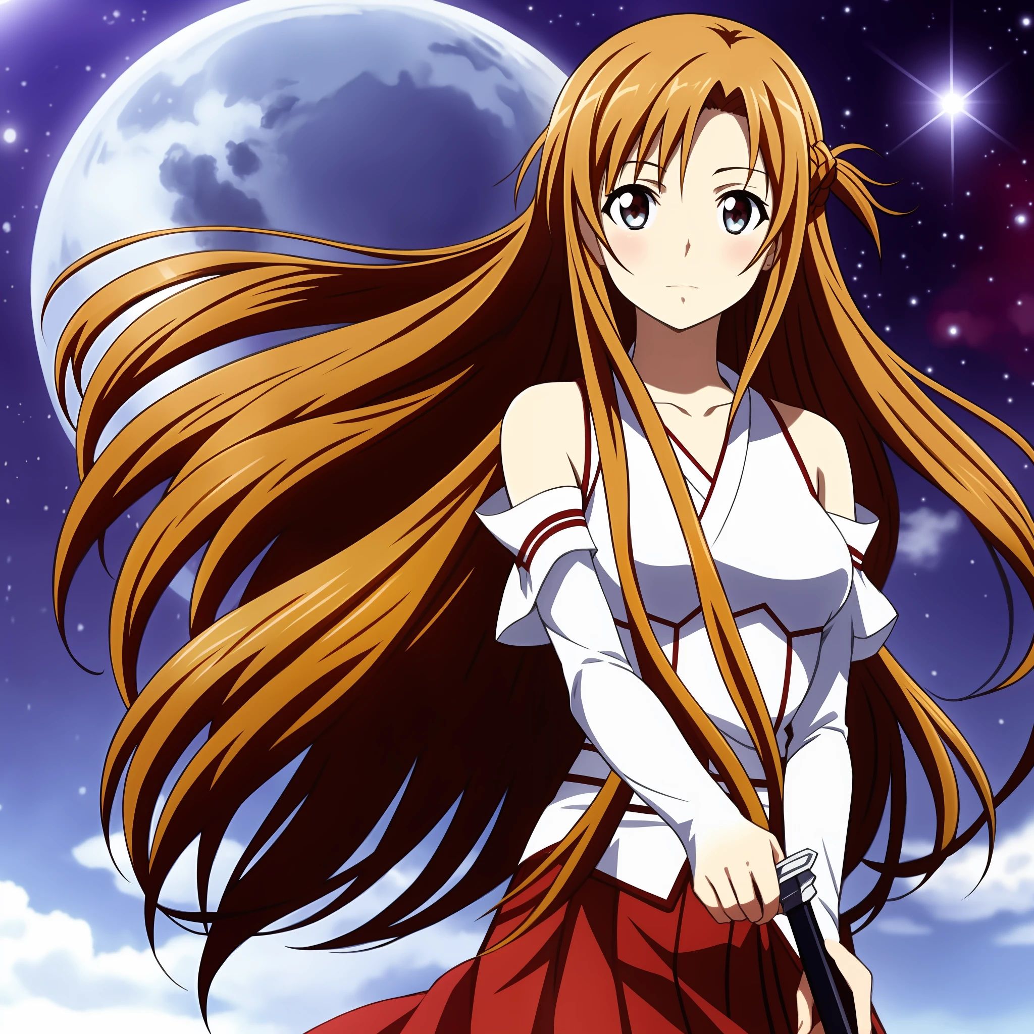 A woman with long brown hair standing in front of a full moon - SeaArt AI