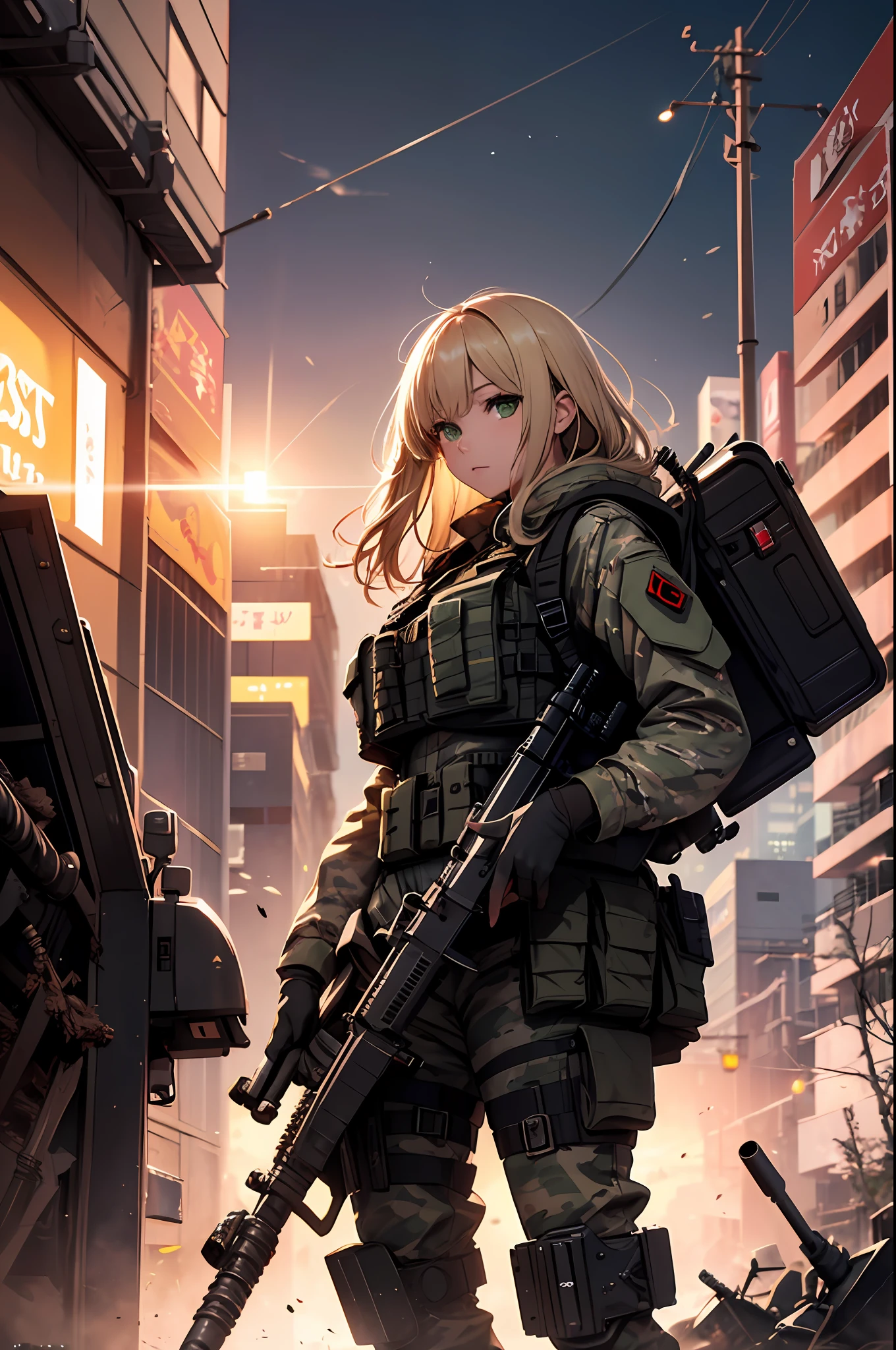 {{Masterpiece, top quality, highly detailed CG, 16K, cinematic lighting, photorealistic: 1.4, lens flare}}, (1 girl soldier sniping a huge military robot with an anti-tank gun), (black combat uniform), wide view, thick body, long blond hair, green eyes, having multiple weapons, aiming, anti-tank gun, rubble, depth of field, f/1.8, Shinjuku at night, (( Special forces SWAT in combat)), (sniping with anti-tank rifles), from side, HDR, hyper detailed, wreckage of military robots, (wide angle lens), after-observations