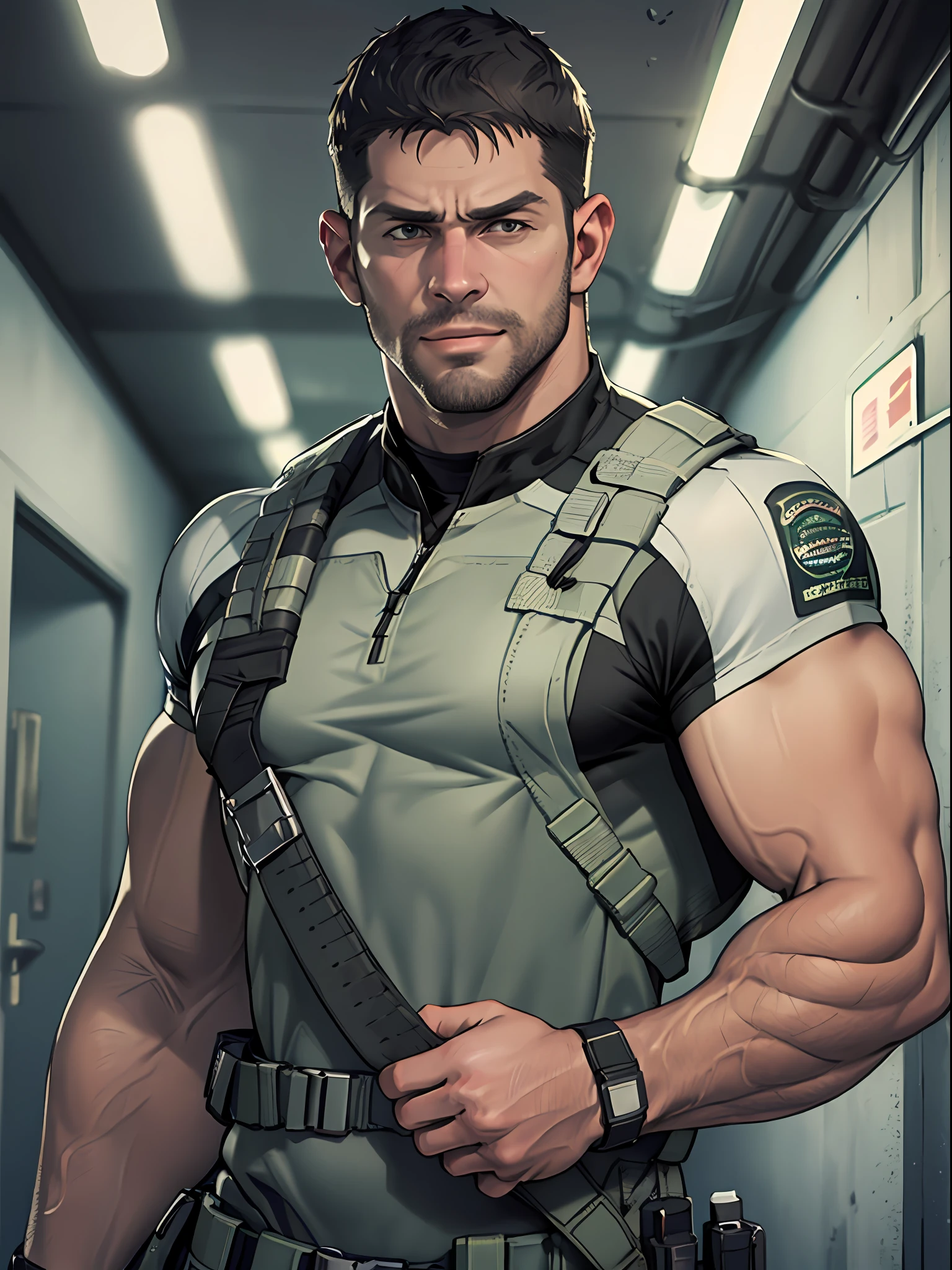 1 man, solo, 35 year old, Chris Redfield, wearing green T shirt, smirks, white color on the shoulder and a bsaa logo on the shoulder, millitary tactical suit, tall and hunk, biceps, abs, chest, best quality, masterpiece, high resolution:1.2, upper body shot, dark black gloomy hallway in the background, detailed face, shadow, volumetric lighting, center focus, low camera angle, 4k, wallpaper