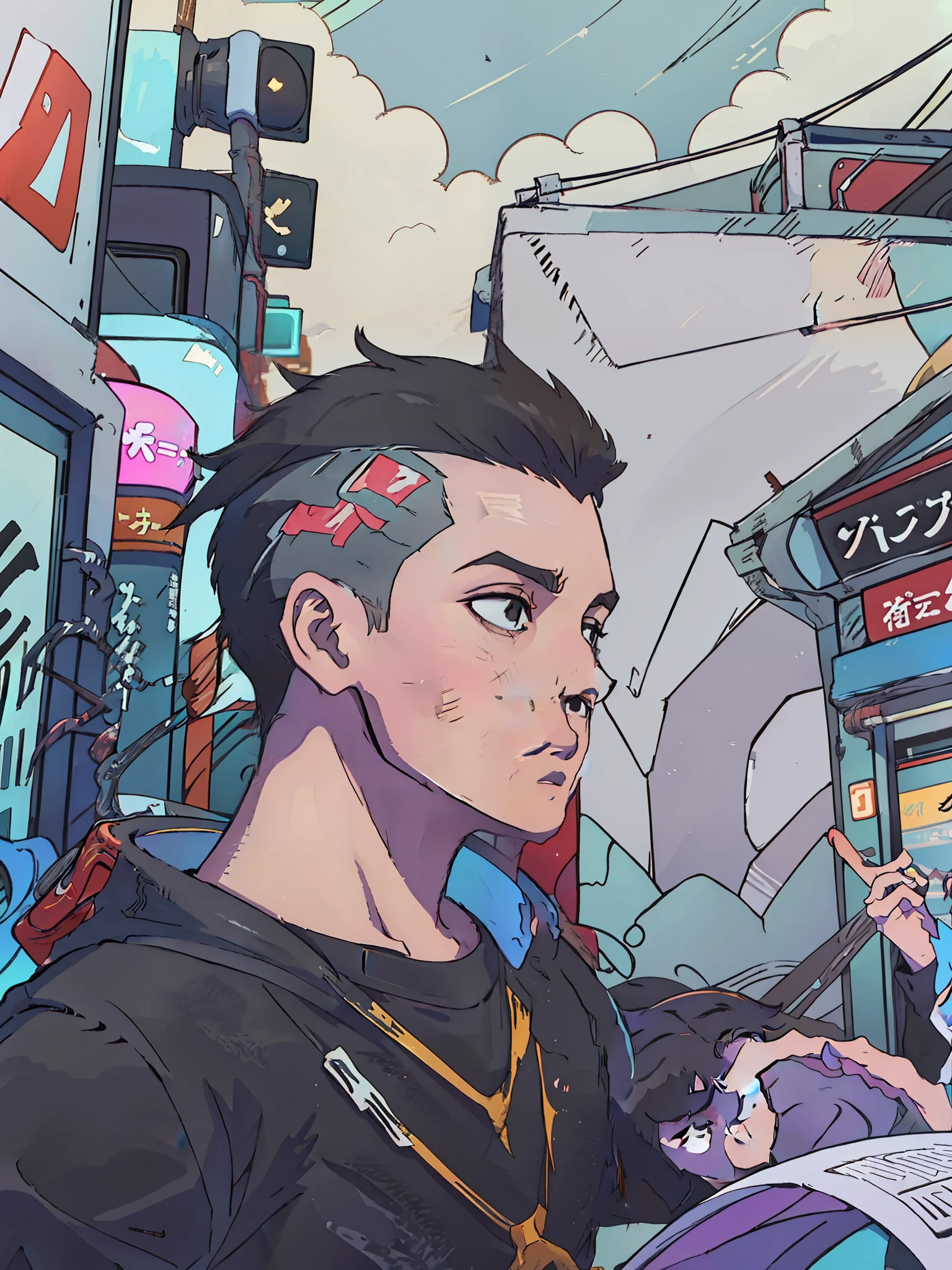 A 20-year-old boy with a Brazilian face and round chin without a beard, short gradient hair, crop haircut, black eyes, no pimples on his face and a black T-shirt with Japanese print written tokyo drift. It's on a night in the alleys of the streets of Tokyo in a cyberpunk style setting, 4k, 2d anime