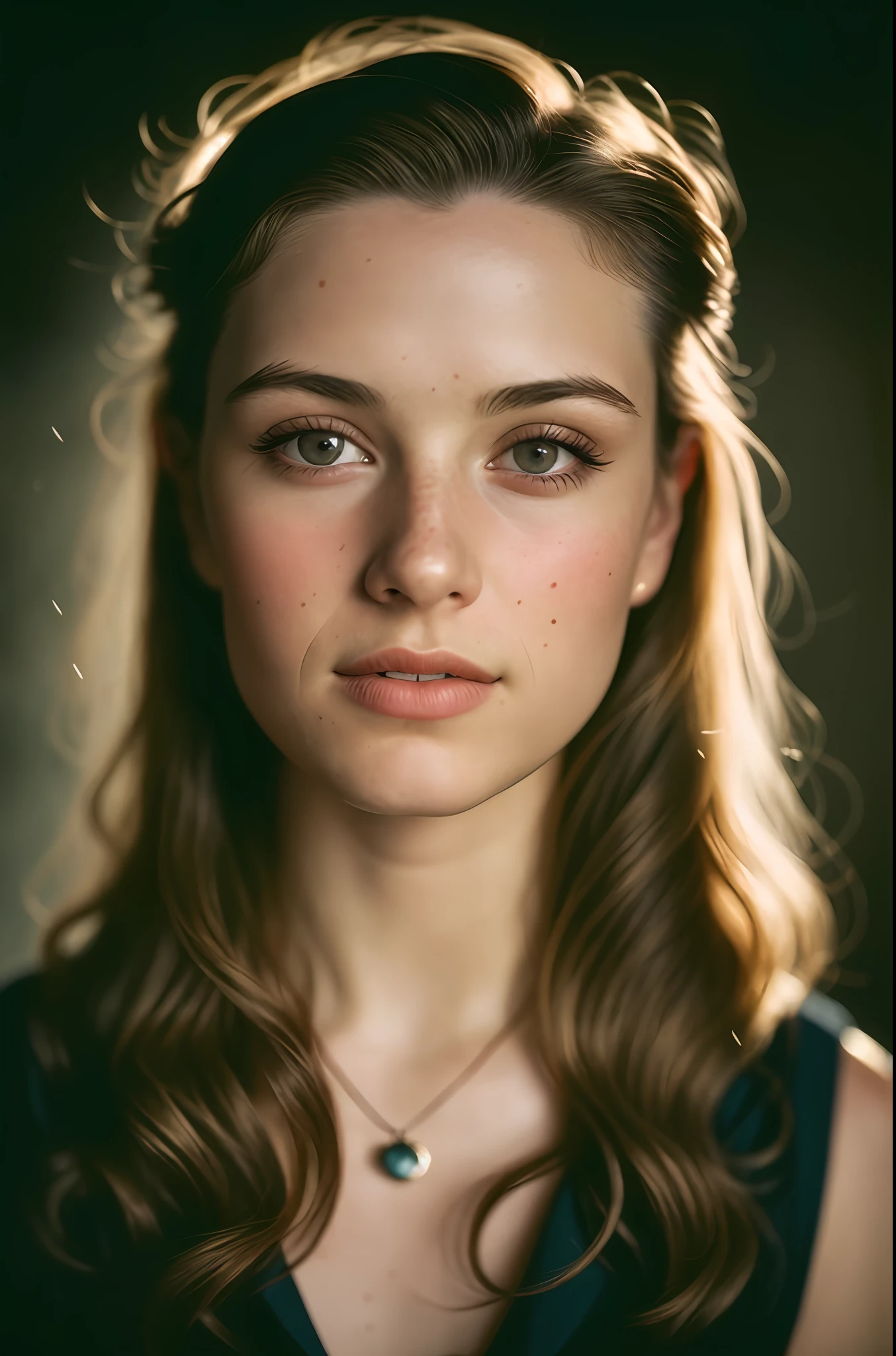 (close-up, editorial photograph of a 20 yo woman from the 1940's), (highly detailed face:1.4) (smile:0.7) (background inside dark, moody, private study:1.3) POV, by lee jeffries, nikon d850, film stock photograph ,4 kodak portra 400 ,camera f1.6 lens ,rich colors ,hyper realistic ,lifelike texture, dramatic lighting , cinestill 800,