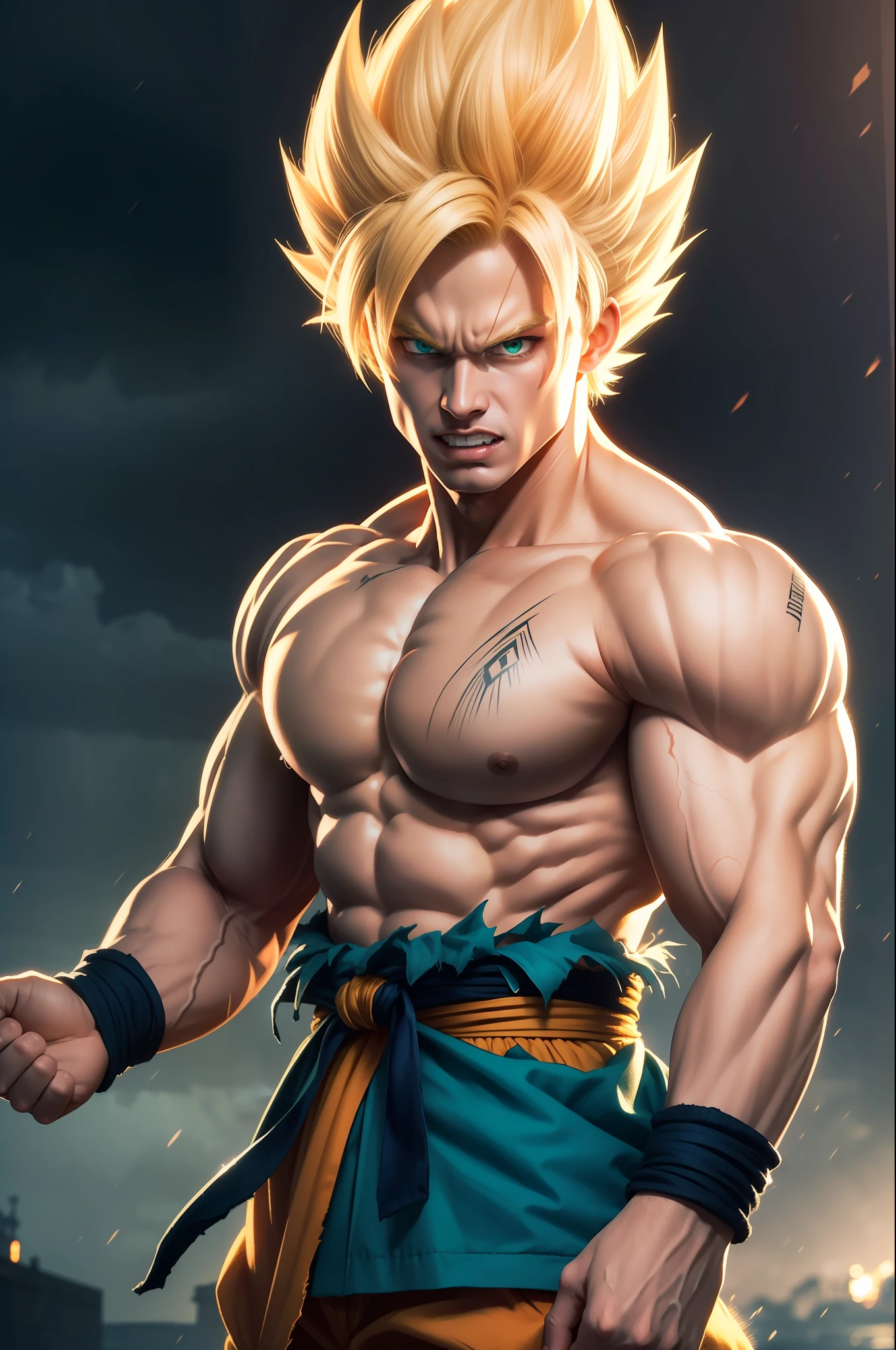 (masterpiece, best quality), intricate details, 8k, artstation, wallpaper, official art, splash art, storm in background, sharp focus, 1boy, (photorealistic:1.2) (bokeh) (best quality) (detailed skin:1.3) (intricate details) (8k) (detailed eyes) (sharp focus) son goku, angry, battle damage, blonde hair, blue sash, clenched teeth, furious, green eyes, male focus, muscular, muscular male, pectorals, sash, solo, spiked hair, super saiyan, super saiyan 1, teeth, topless male, torn clothes, wristband,