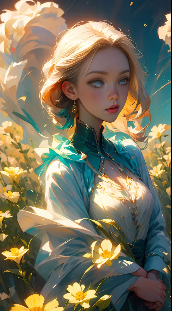 (best quality, masterpiece), 1girl, pose, particle, wind, flower, upper body, sky background, looking at the viewer, focus on the face, blonde, superior beauty, beautiful woman, celestial beauty, sunny weather, colorful flowers, spectacular scenery. --auto