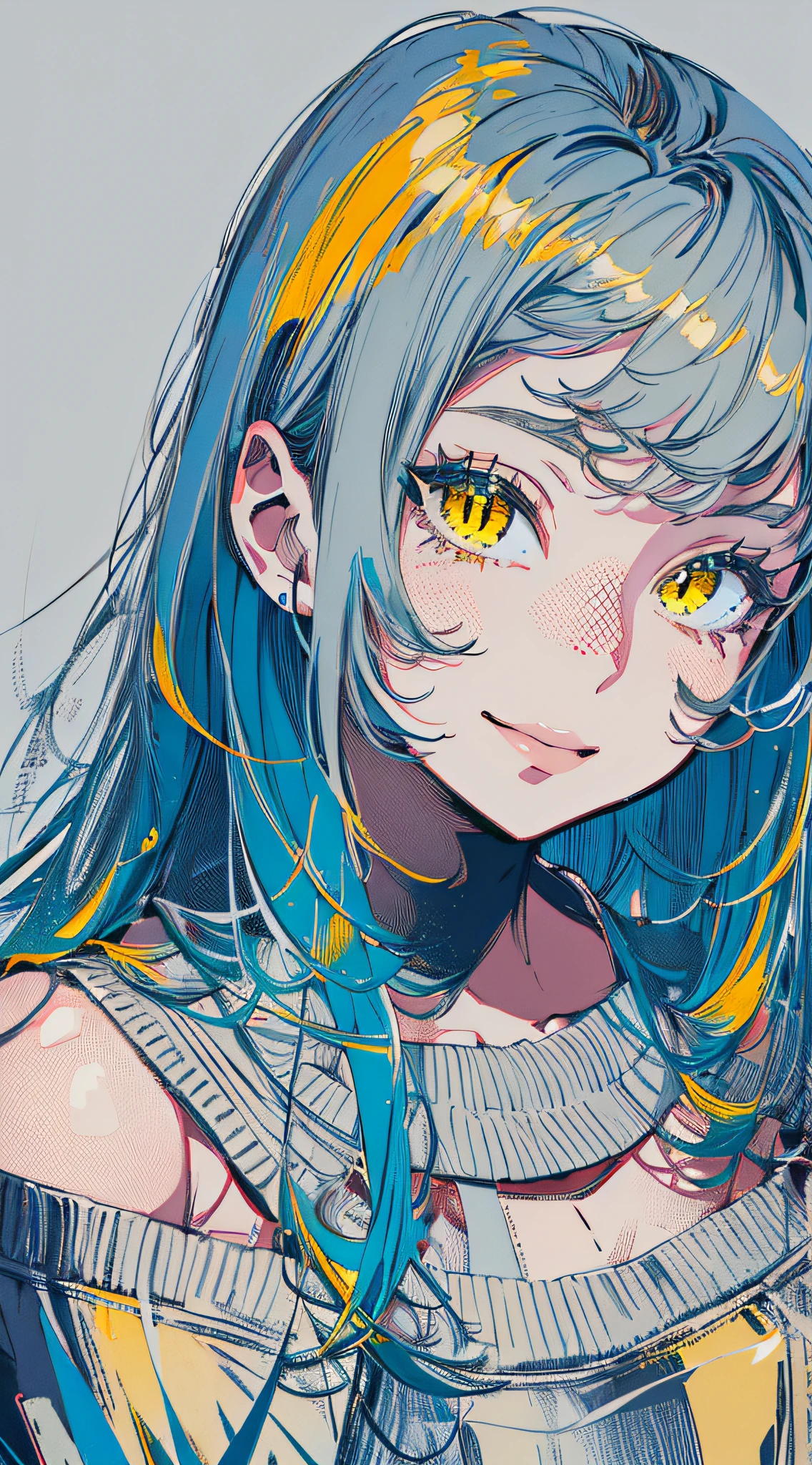 (masterpiece, top quality, best quality, official art, beautiful and aesthetic:1.2),
cateyes,1girl, solo, long hair, sweater, smile, yellow eyes, looking at viewer, blue hair, grey background, off shoulder, upper body, bare shoulders,
extreme detailed,highest detailed, optical mixing, playful patterns, lively texture, unique visual effect