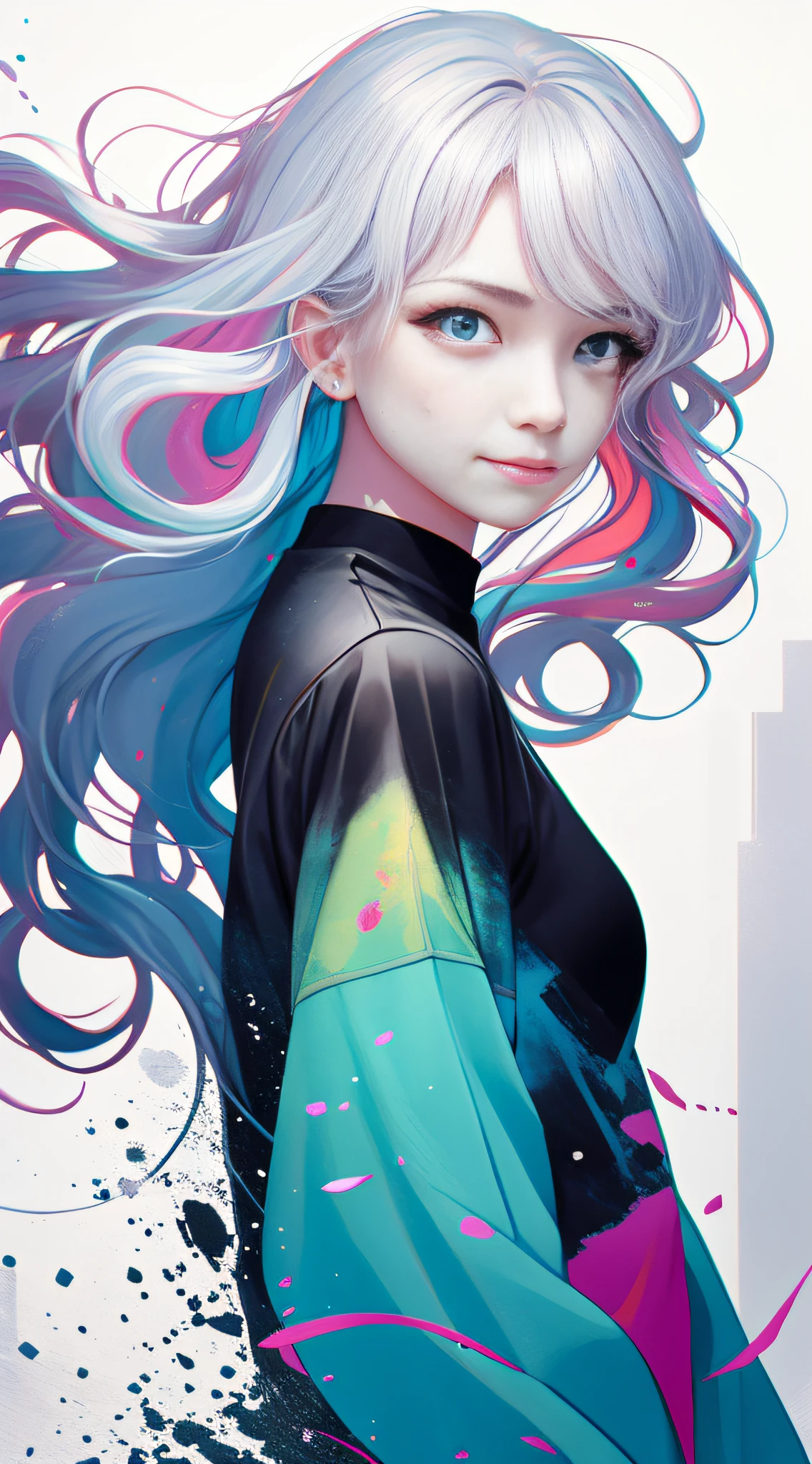 vivid color, hyper quality, vector graphics, flat color, blue theme, twirl, 2girl, sisters, face to face, face focus, looking at another, from side, detailed eyes, holding each other, upper body, spiral, spinning, ink, melting, blending, abstract, splash, hyper detailed, light blue hair, pink hair, white hair, very long hair, long locks, small breast, messy hair, iridescent eyes, green eyes, blue pupils, pink pupils, backlighting , sand, water, black background, dust, water splash, long sleeves , white clothes, splash, oversized clothes, crying, smile, sad, expressions, light particles, chromatic aberration, pink flower petal, limited palette, wavy hair, floating hair, disheveled hair, transparent background, hair background, teardrops, distorting hair, blending hair into background, caustics, no gravity, fisheye lens, vanishing point, continuous branch, branching hair, paint splatter,