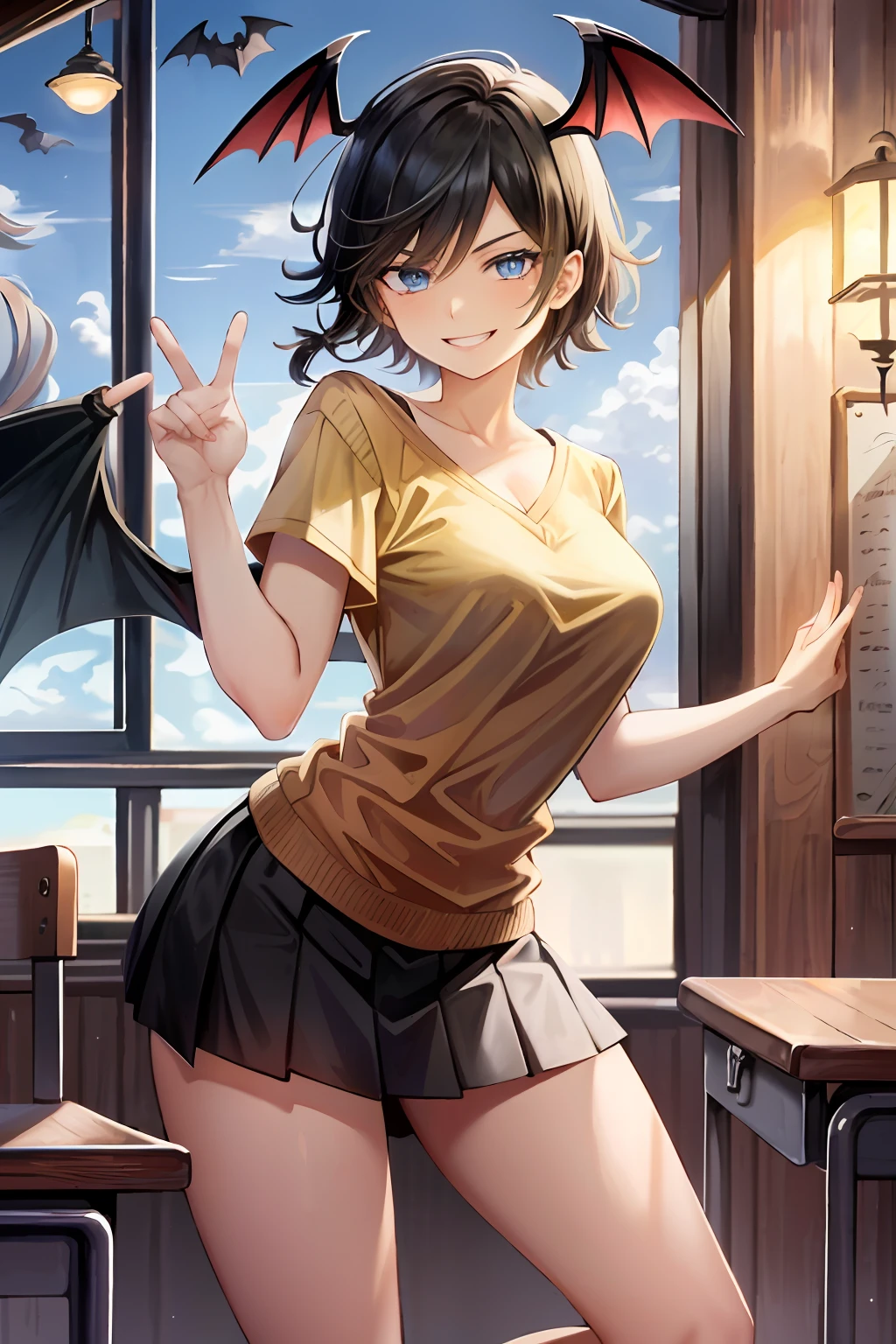 masterpiece, top quality, high resolution, masterpiece, adult woman, one, yellow sweater, black pleated mini skirt, short hair, evil smile, black hair, bat wings, bad smile, evil plan, night classroom, school uniform, uniform, blue eyes