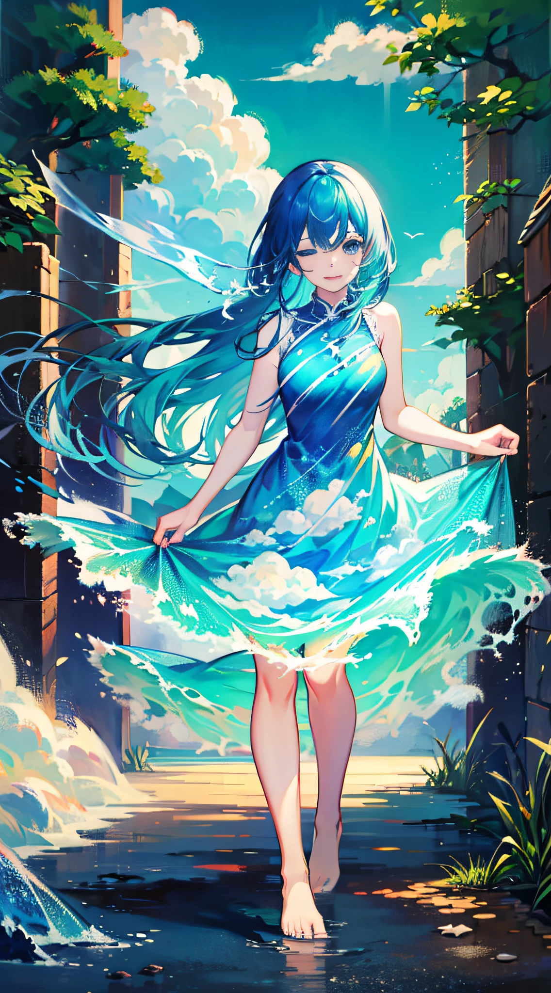 liquid clothes, 1girl, solo, long hair, dress, barefoot, blue hair, one eye closed, blue eyes, cloud, very long hair, sky print, blue dress, standing, sleeveless, looking at viewer, smile,