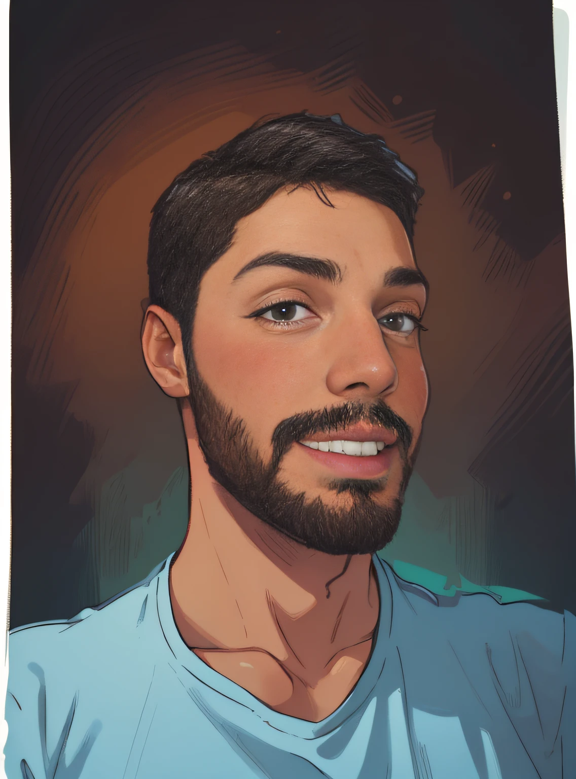 A portrait of Rubens Neto in drawing strokes, details of the face in cartoon, brown ethnicity, Brazilian, brown skin, detailed beard, in animated icon format, with bright and vibrant colors, well detailed image, image with clean strokes, great quality, better quality --auto