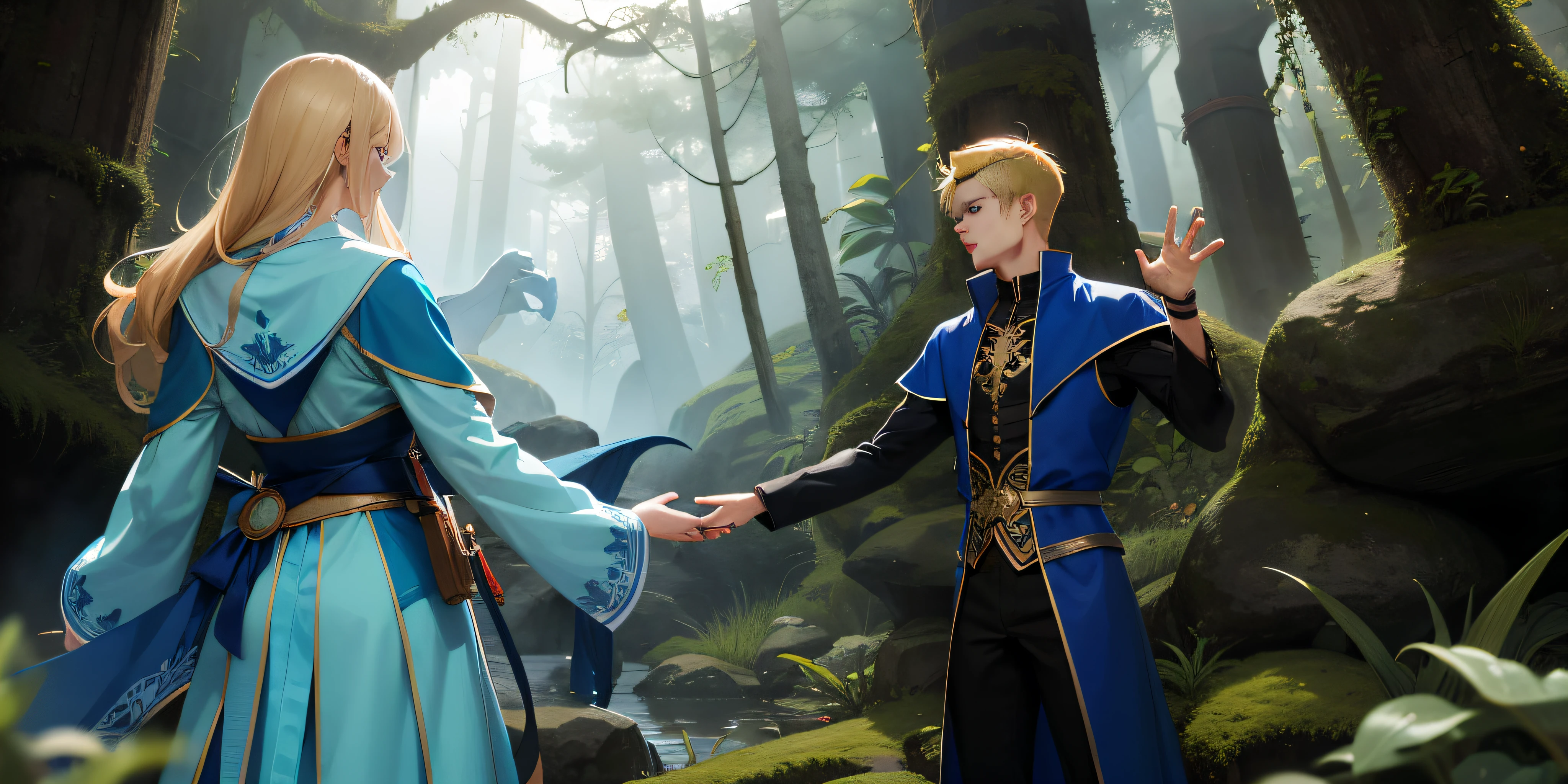 characters blond man with blue magician clothes, watching a nymph extending her hand to him at a medium distance, in the center of the MÁGICO forest