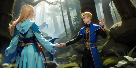 characters blond man with blue magician clothes, watching a nymph extending her hand to him at a medium distance, in the center ...