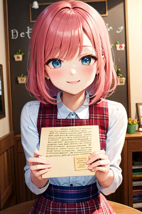Ultra detailed, masterpiece, highest quality, love letters, pov, smile, blush, pink hair,