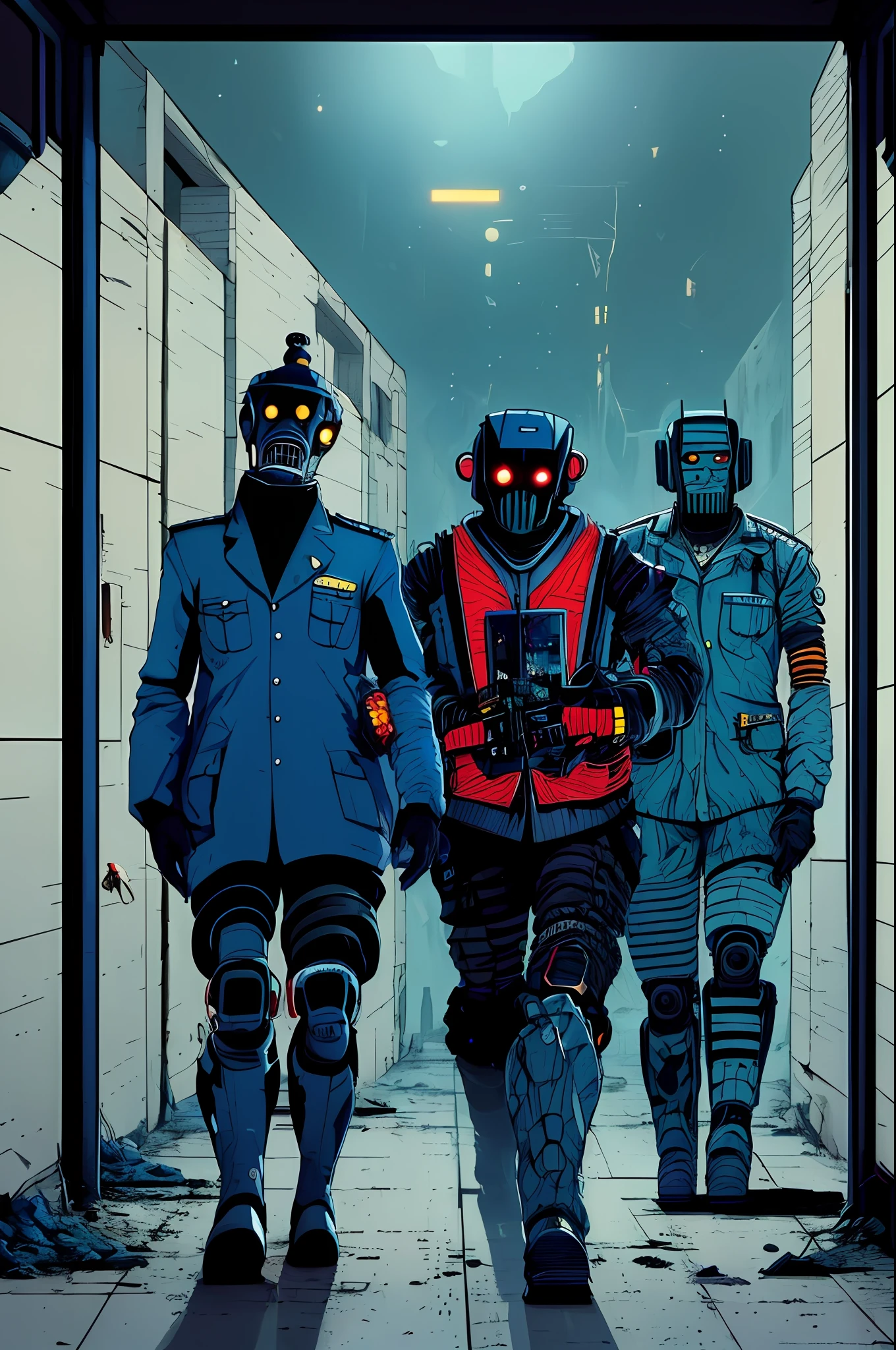 Man in prisoner costumes being escorted by two robots to a cell, war, horror, cosmic terror, dark tones, morbid atmosphere, nuclear disaster, dystopia, blood, Apocalypse, Robot, by Kilian Eng