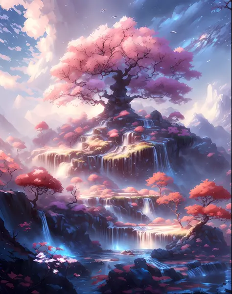 a painting of a waterfall and a tree in a mountain, 8k high quality detailed art, anime nature, ross tran. scenic background, 4k...