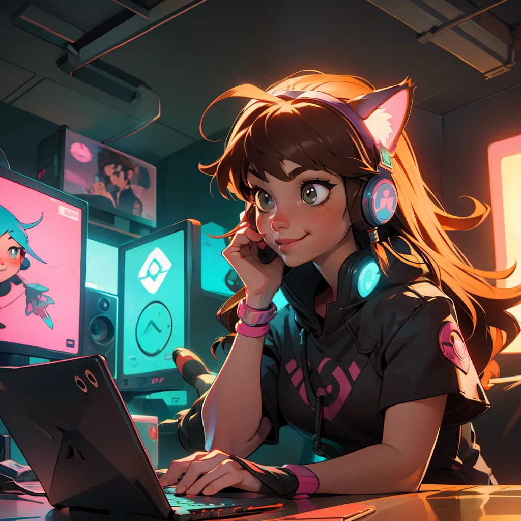 Create a girl with long messy brown hair and light brown eyes, smiling, gamer,, monitor, night time, good quality, perfect anatomy, 8k, masterpiece, by, long hair, messy hair, neon, cat headphones, cyberpunk, cyberwave ,, ,, best Character design pokemon t-shirt inside the room having fun