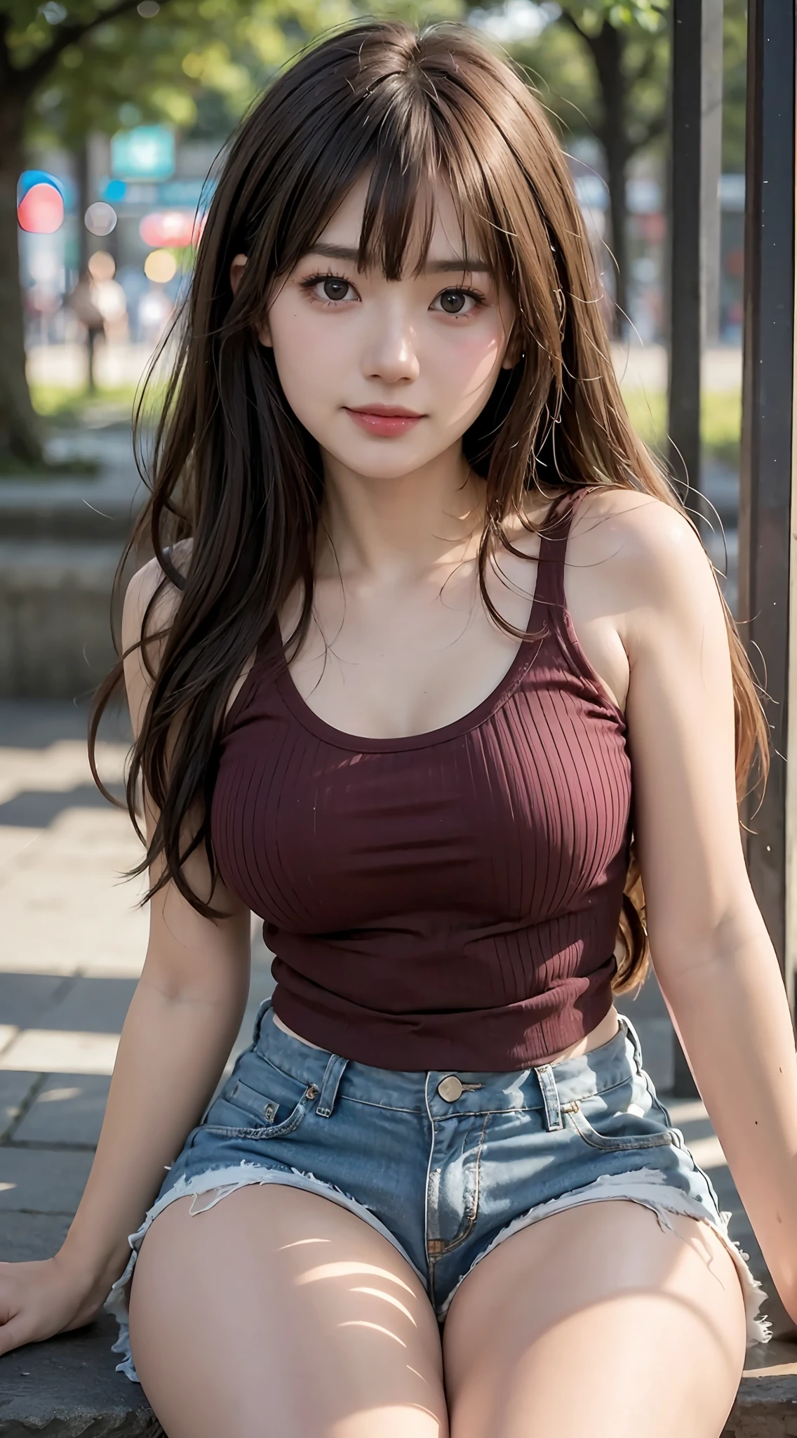 (Masterpiece, Best Quality, Beautiful Girl, Beautiful Face, 8K, Raw Photo), Japan Student, High School, Teen, Sitting in the Park, Tank Top, Shorts, Slender, Smile, Buckshot, Buttocks, (Dynamic Lighting, Dramatic Lighting, Film Lighting:1.2), Sunlight, No Makeup, Natural, Film Grain, Chromatic Aberration, Photorealistic, High Resolution, Ultra Detail, Fine Detail, Sharp Focus, detailed skin and eyes and face