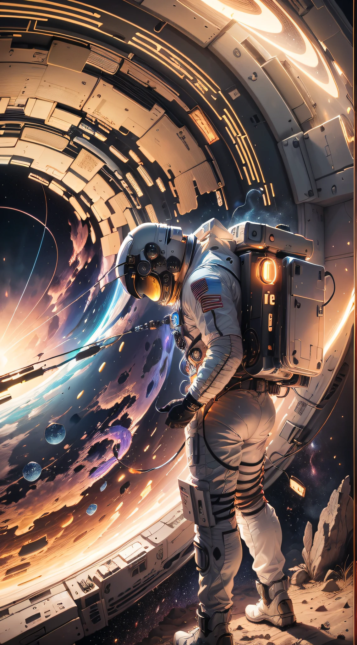 ((Masterpiece)), (Best Quality)), 8K, high detail, hyper-detail, the painting depicts a scene of breathtaking magnificent spatial images. The picture shows a man wearing a spacesuit, facing back, looking at a red glowing planet in space. The scenes are extremely detailed and the clarity is extraordinary, capturing every intricate detail of the panorama.