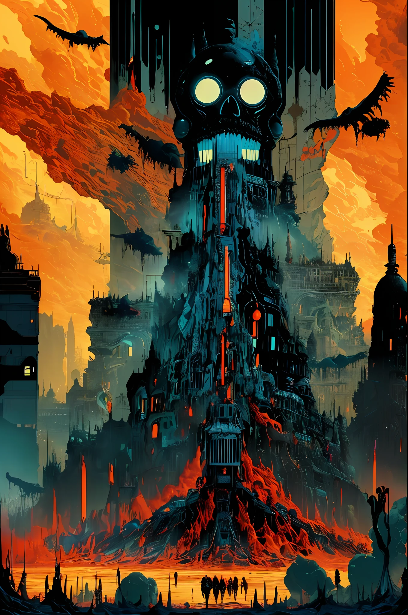 Paris being invaded, war, horror, cosmic terror, dark tones, morbid atmosphere, nuclear disaster, dystopia, blood, Apocalypse, by Kilian Eng