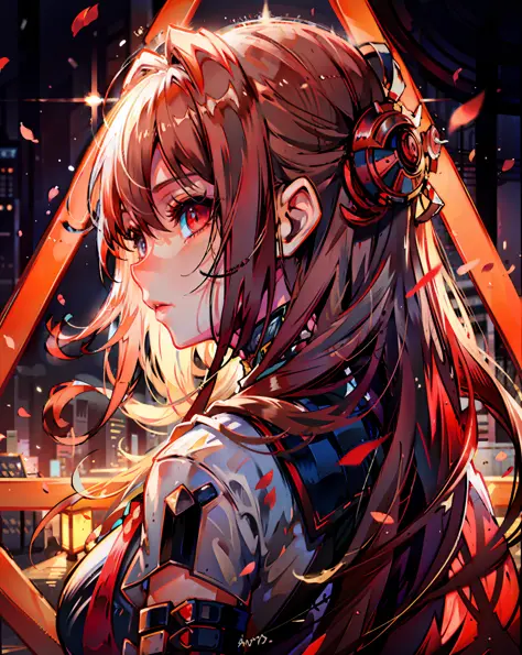anime girl with long hair and red eyes standing in front of a city, best anime 4k konachan wallpaper, anime style 4 k, anime wal...