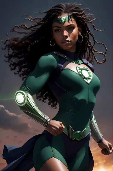 (16k, RAW photo, best quality, masterpiece: 1.2), ultra-detailed, formal art, photorealism: 1.37, upper body photo, woman ((AFRICAN AMERICAN,beauty, DC Green Lantern superhero, film grain, action pose