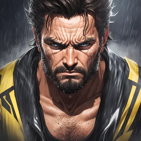 wolverine with yellow and black suit taking out his claws, bearded, front, frontal, sweaty, tired face, muscular, indignant, wet, training, Camera away, (focus sharp:1.2), an award-winning photo of a struggling fighter, portrait, drops of water, expression...