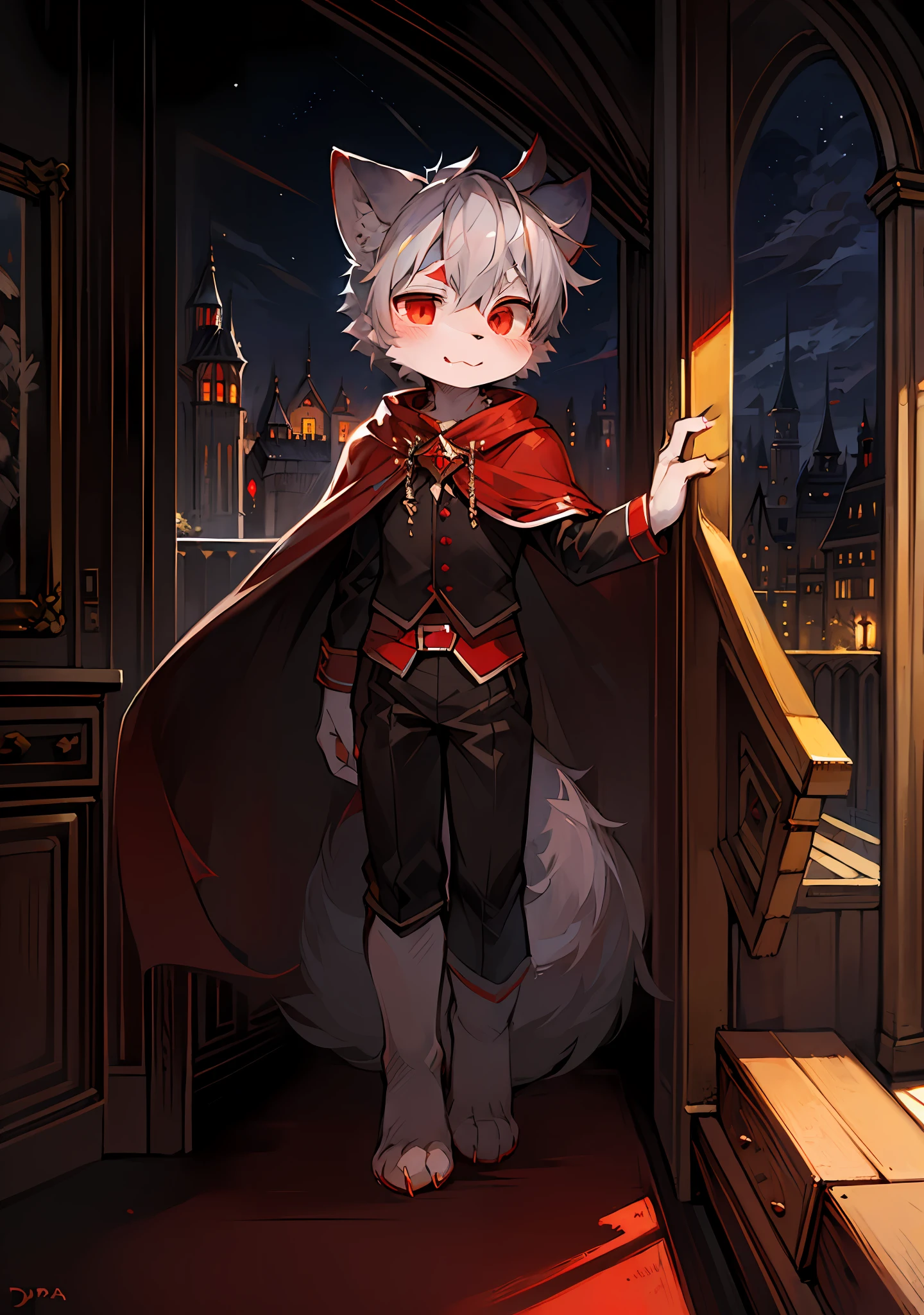 (dark environment:0.8),masterpiece, high quality, absurd res, digital painting \(artwork\), by dagasi, yupa,kiyosan,(anthro,fluffy fur,character focus:1.1),anthro male cat,short hair,portrait, bright eyes,panorama,character focus.(detailed background:0.7),solo,furry,furry male ,male focus,anthr,(Full body fur, fluffy tail, white fur,red eyes,gray hair:1.2),(long canines,vampire, cape:1.2),(interior,night, castle, coffin:1.1)