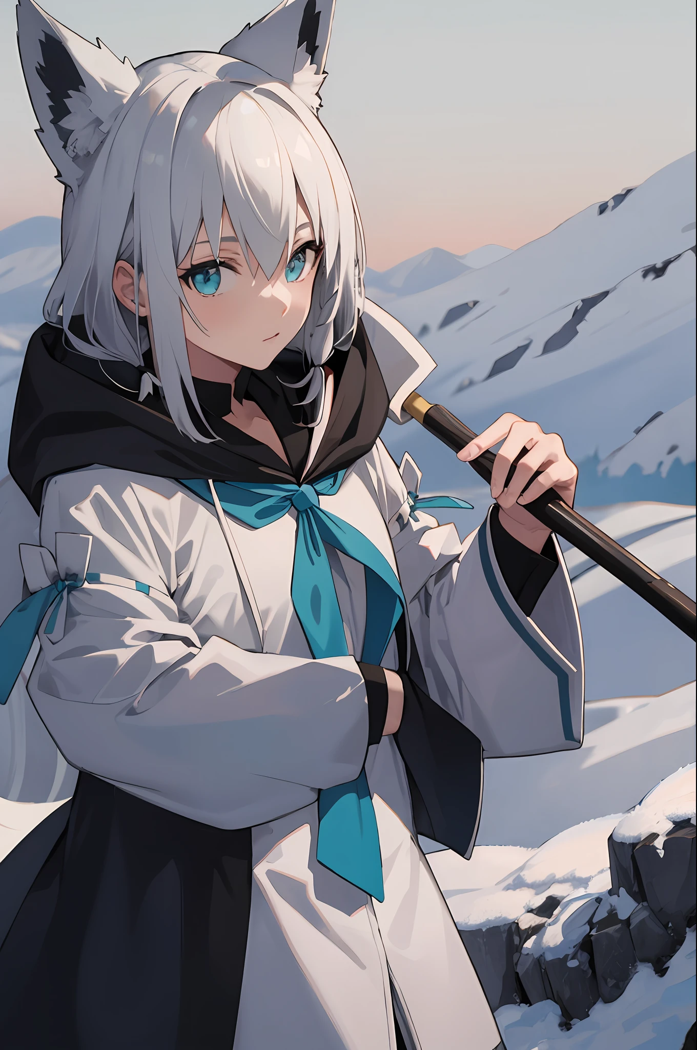 masterpiece, Best Quality, Fubuki1, Gray hair, Upper body, View viewer, Upper body, Standing, Snowy landscape,Boy,Fox ears,Has a cane,Wearing leather armor