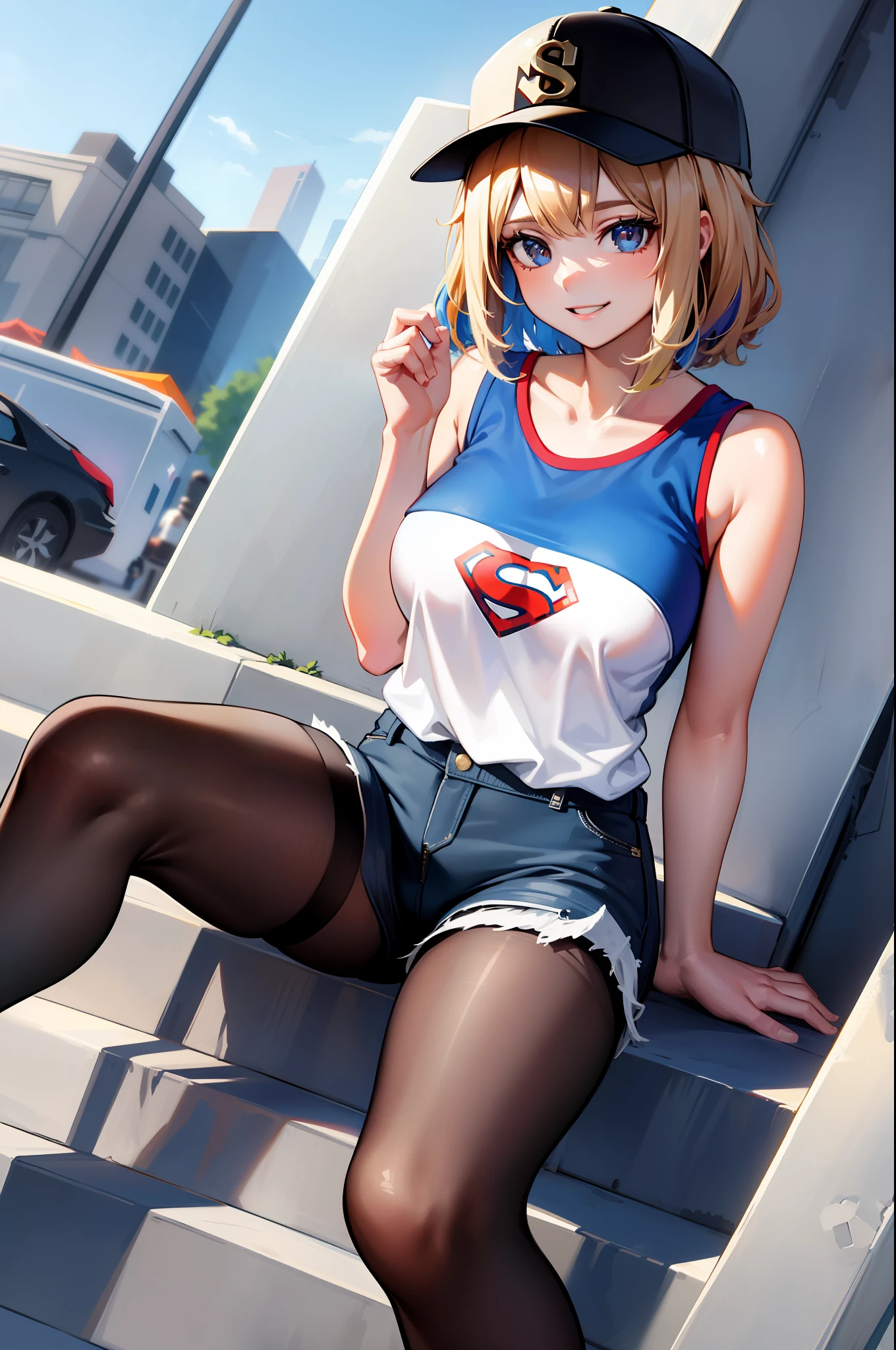 masterpiece, best quality, absurdists, perfect anatomy, 1girl, solo, Kjera, short blonde hair, hair flaps, baseball cap, graphic t-shirt with superman letter S on chest, jean shorts, pantyhose under shorts, sit, stairs, outdoor, city, dutch angle, smile