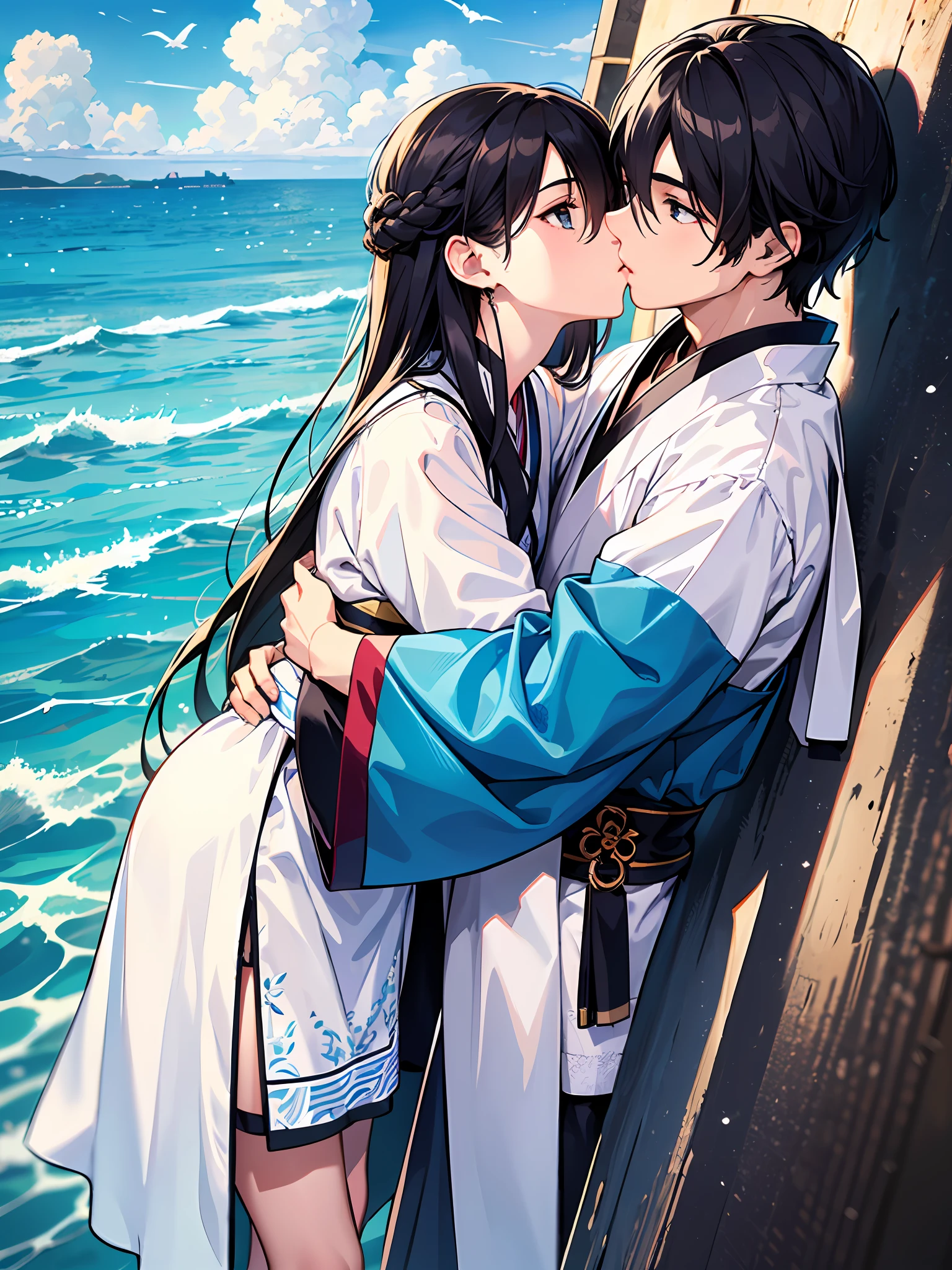 Center, Realistic, Masterpiece, Medium Scene, Full Body, Hyperfocal, Best Quality, 8K, Crazy Detail, Intricate Detail, Ultra Detail, Ultra Quality, High Detail, High Detail, 2people\(1boy and 1girl\), Hug, Side Face, ((Kiss::1.2)), ((Affectionate Eyes:::1.2)), Hanfu, Chinese Costume, Boy Wears Black, Girl Wears White Hanfu, Background Sea, Daytime, Blue Sky and White Clouds, Seagulls.
