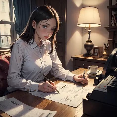 A young woman settles accounts at home