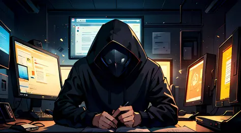 Hacker, Black Hood, Studying in front of the computer, high detail, 4K --auto