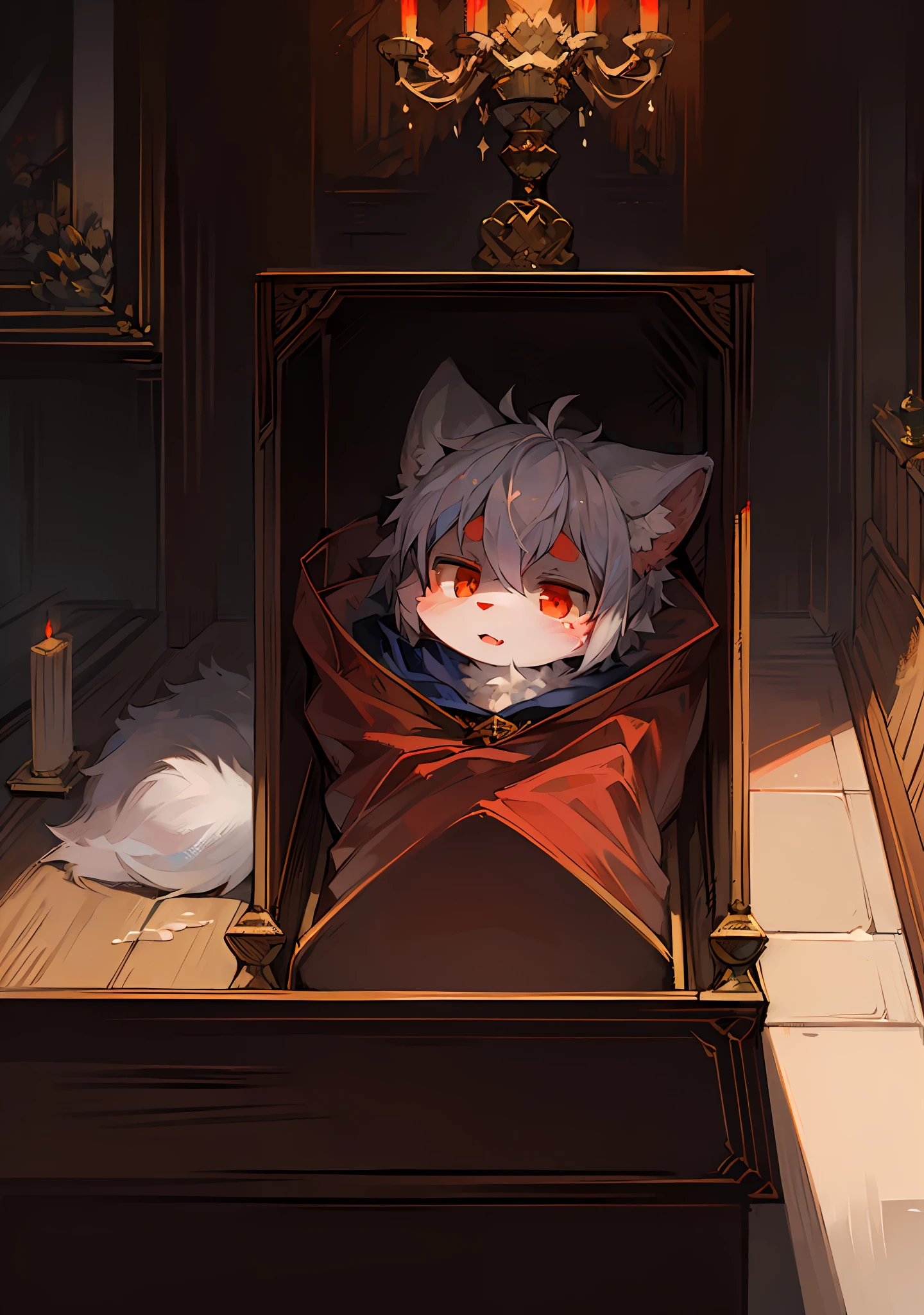 (Dark Environment: 0.8), R18, Masterpiece, High Quality, Abstract Res, Digital Painting\ (Artwork), by Dagasi, Yupa, Kiyosan, (Anthro, Fluffy Für, Character Focus: 1.1), Anthro Male Cat, Short Hair, portrait ,,, bright eyes, panorama, character focus. (Background: 0.7), Solo, Furry, Furry Male, Male Focus, Anthr, (Full Body Fur, Fluffy Tail, White Fur, Red Eyes, Gray Hair: 1.2), (Canids, Vampires, Cloak: 1.2), (Interior, Night, Castle, Coffin: 1.1)