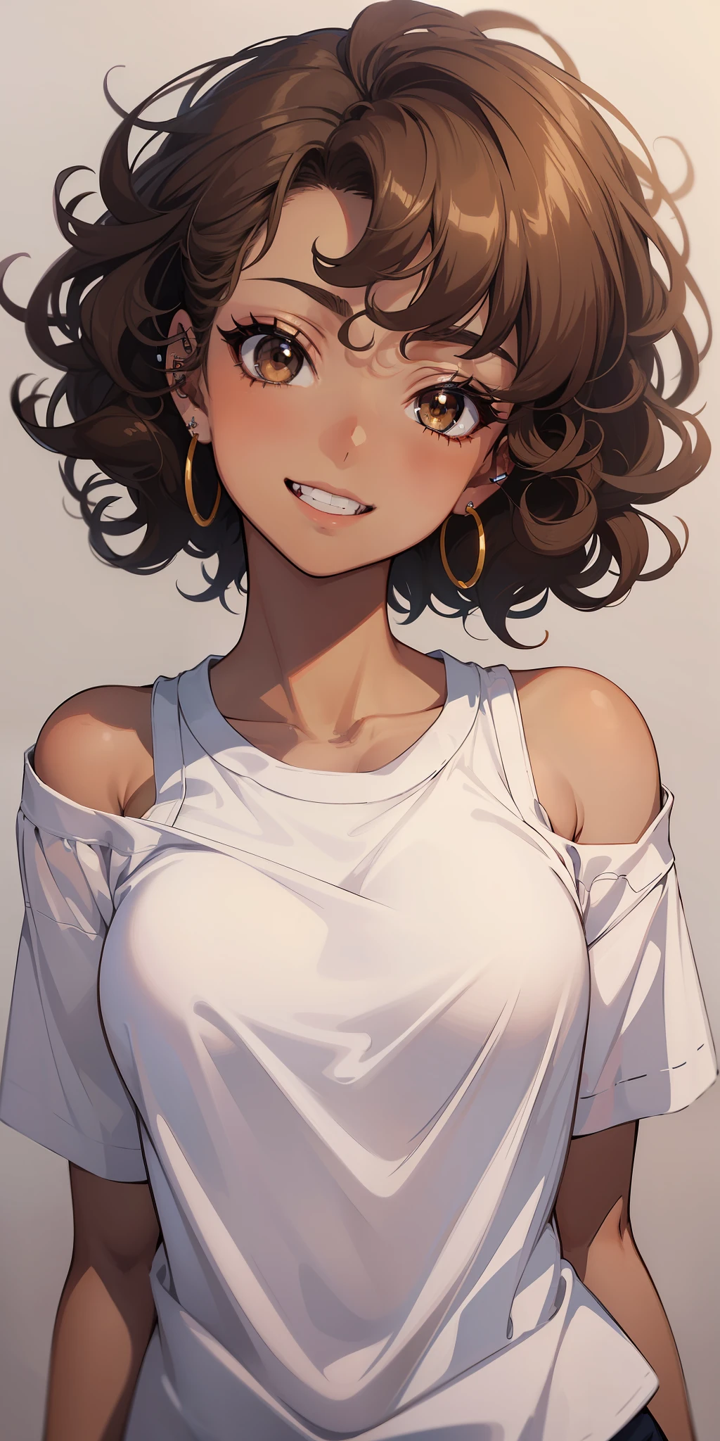 ((masterpiece)), ((best quality)), ((anime profile style)), ((brown skin)), 20 year old girl, ((light brown eyes)), ((perfect)), eyebrow, nose, ear, ((ear piercing)), mouth, smile, ((teeth showing)), ((curly hair)), neck, shoulders, arms, ((white long shirt)), background