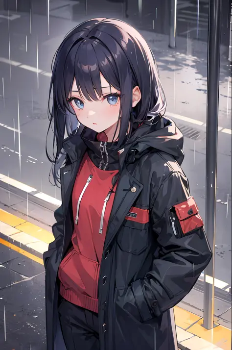 1girl,night town,rain,coat,hands in pockets,top view,high face detail