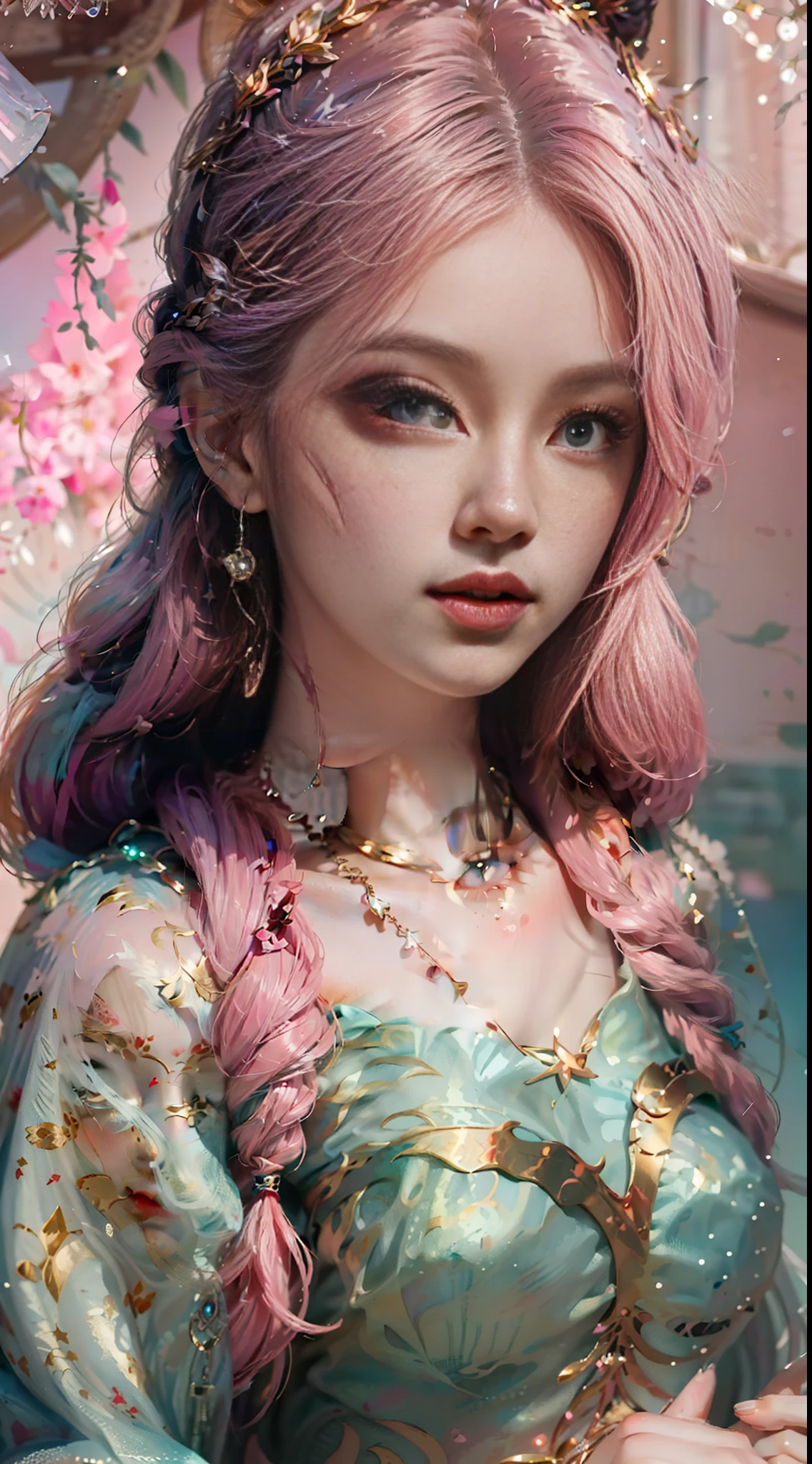 (Best Quality, 8k, Masterpiece, UHD: 1.2, CG: 1.2, blender rendered), close-up of a girl in minority clothes, (gradient light pink hair, Braids: 1.2), non-metallic colored headdresses, necklaces with colored gemstones, fantasy style, textured earrings, kawaii realistic portraits, cute colorful cute, anime style, colorful, star-like fantasy points of light everywhere, Guvez style artwork, vibrant fantasy style, cute art style, colorful pastels, realistic anime 3D style, fashi-girl, macro-eye