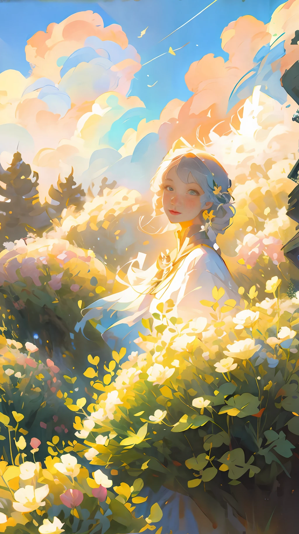 Lustration of a woman in a field of flowers A blue sky of clouds, beautiful illustration, beautiful painting, beautiful UHD 4K art, beautiful art, a beautiful art illustration, art in the style of Guweiz, beautiful painting, Atey Ghailan 8K, Artgerm and Atey Ghailan, girl in a field of flowers, (butterflies).