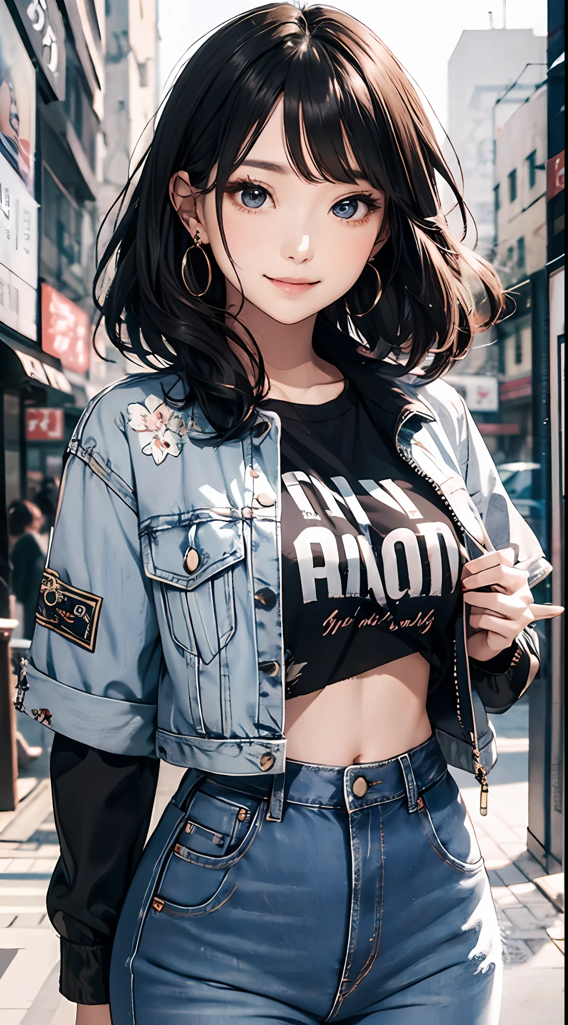 (masterpiece, top quality), beautiful woman, cute printed cropped shirt, jacket, jeans, short wavy hair, headbands, asymmetrical bangs, perfect face, beautiful face, seductive, big and colorful eyes, gentle smile, perfect slim fit body, city street, seoul, bright colors, pencil sketch, black and white